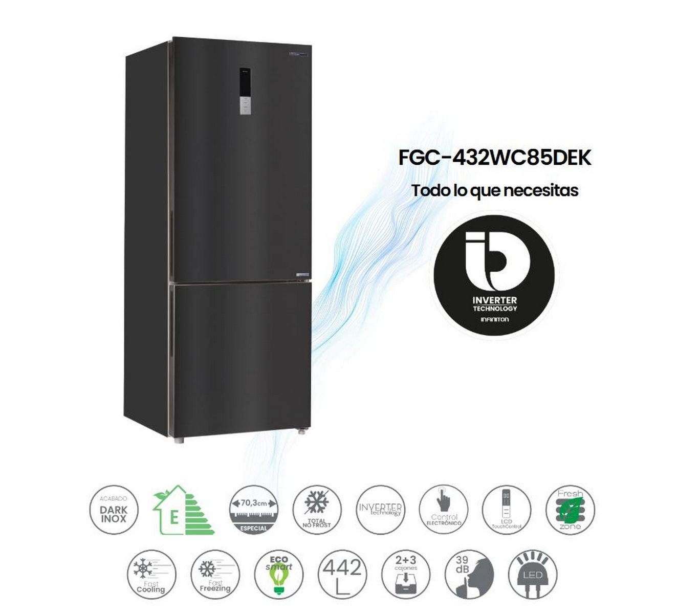 Refrigerador negro con congelador inferior y etiqueta de información de eficiencia energética.