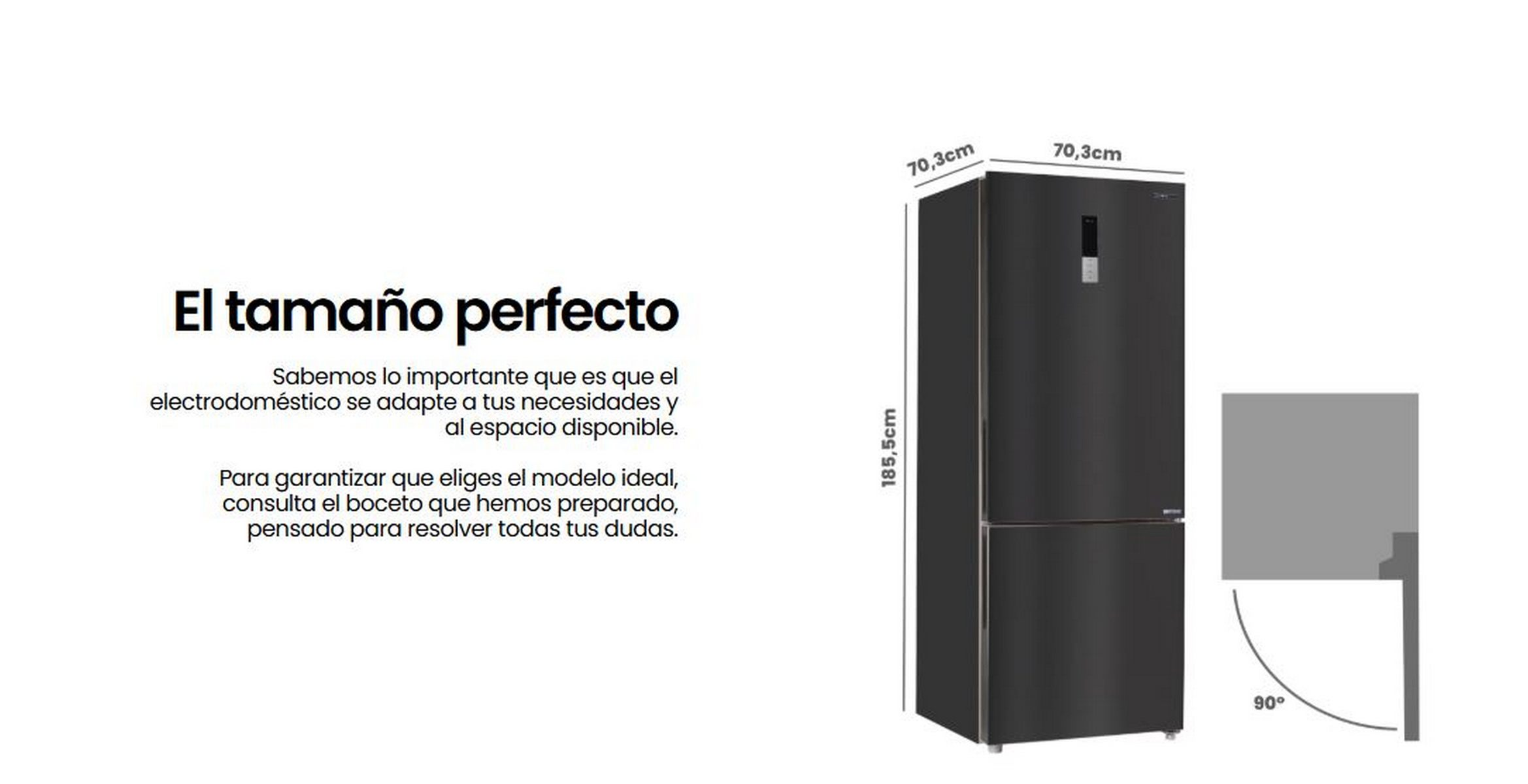 Un refrigerador negro con dimensiones en la imagen, un texto a la izquierda y una vista lateral pequeña.