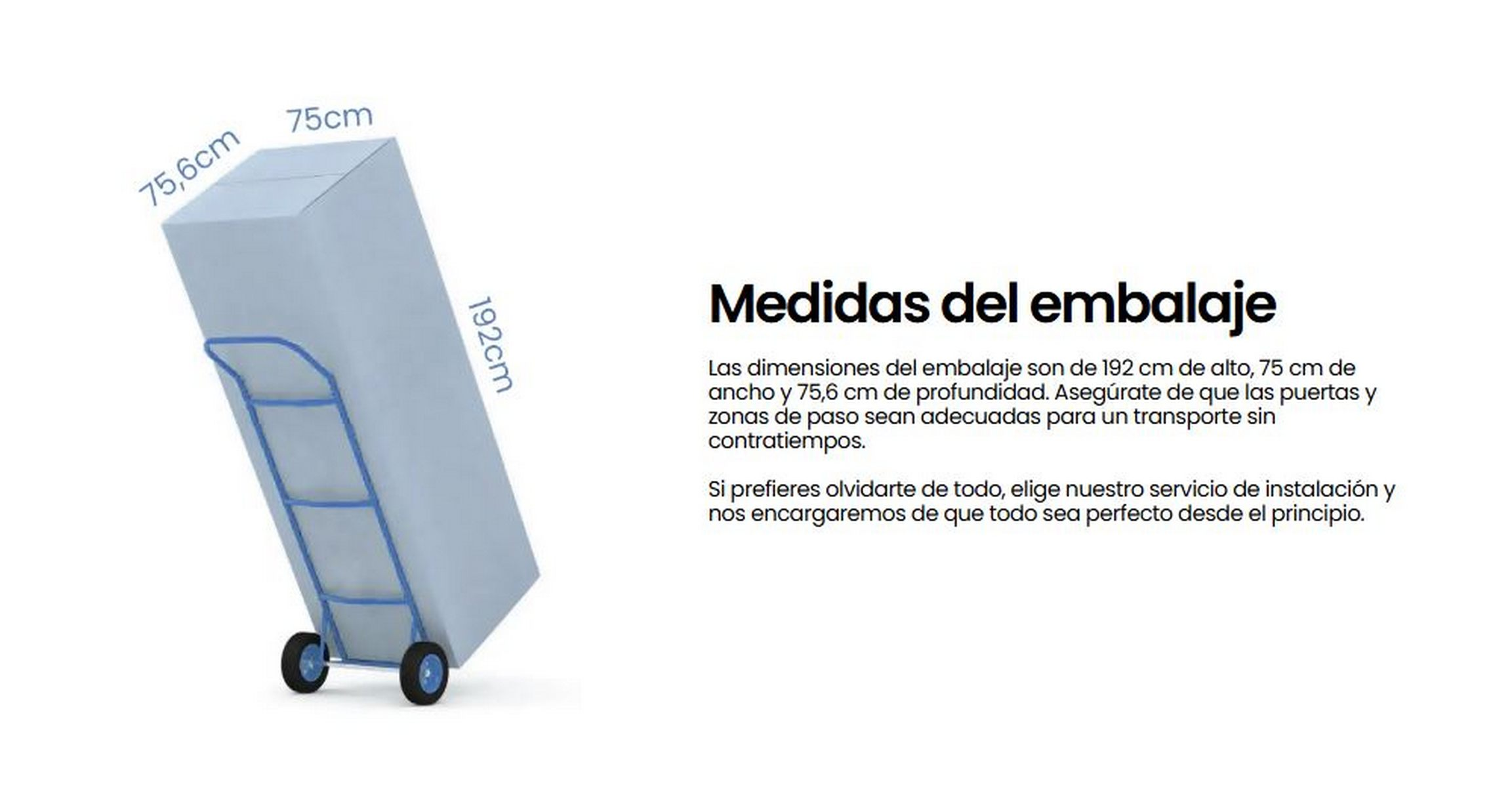 Caja en un carro con dimensiones etiquetadas. Texto en español sobre dimensiones de embalaje.