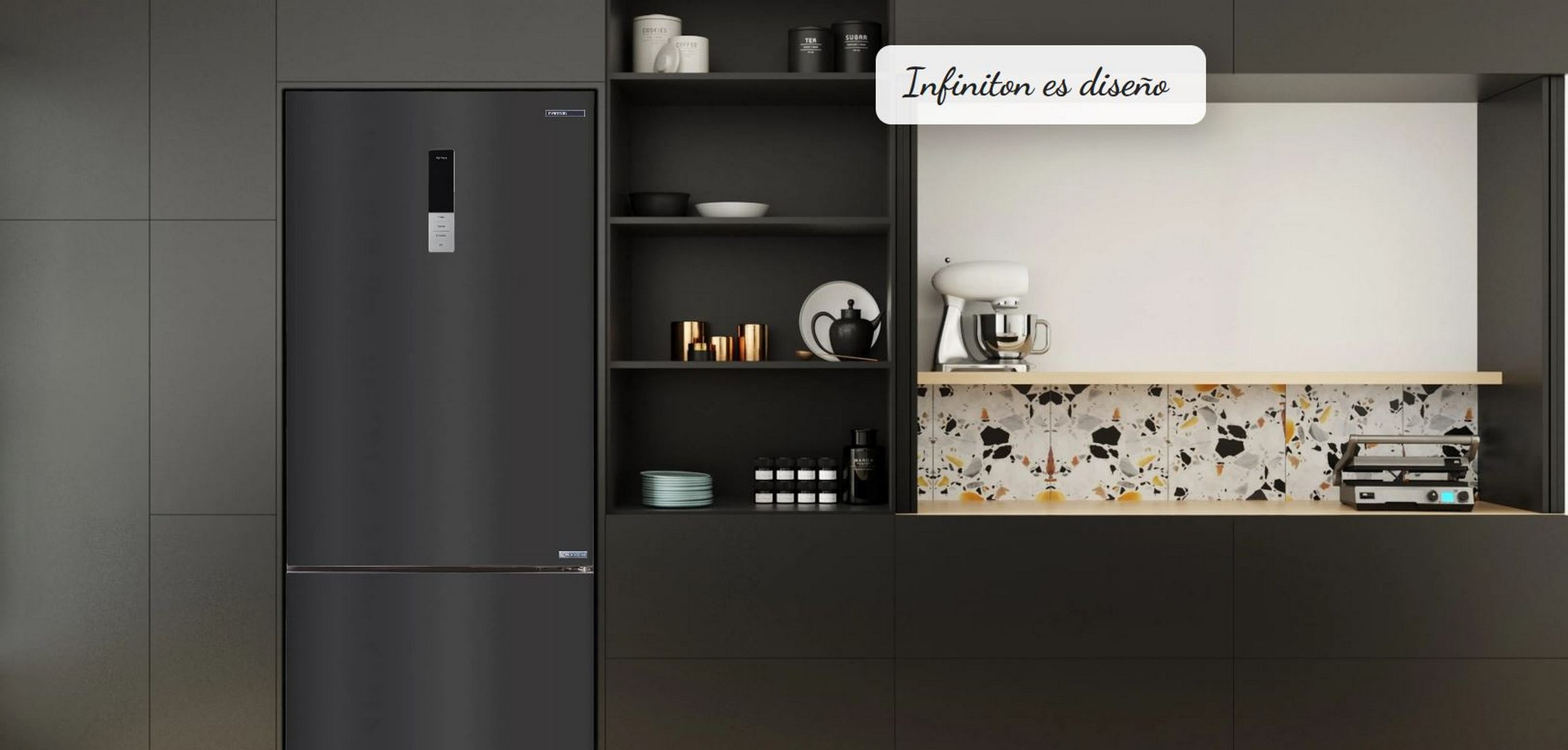 Cocina moderna con refrigerador gris oscuro. Texto: Infiniton es diseño, estantes y electrodomésticos.
