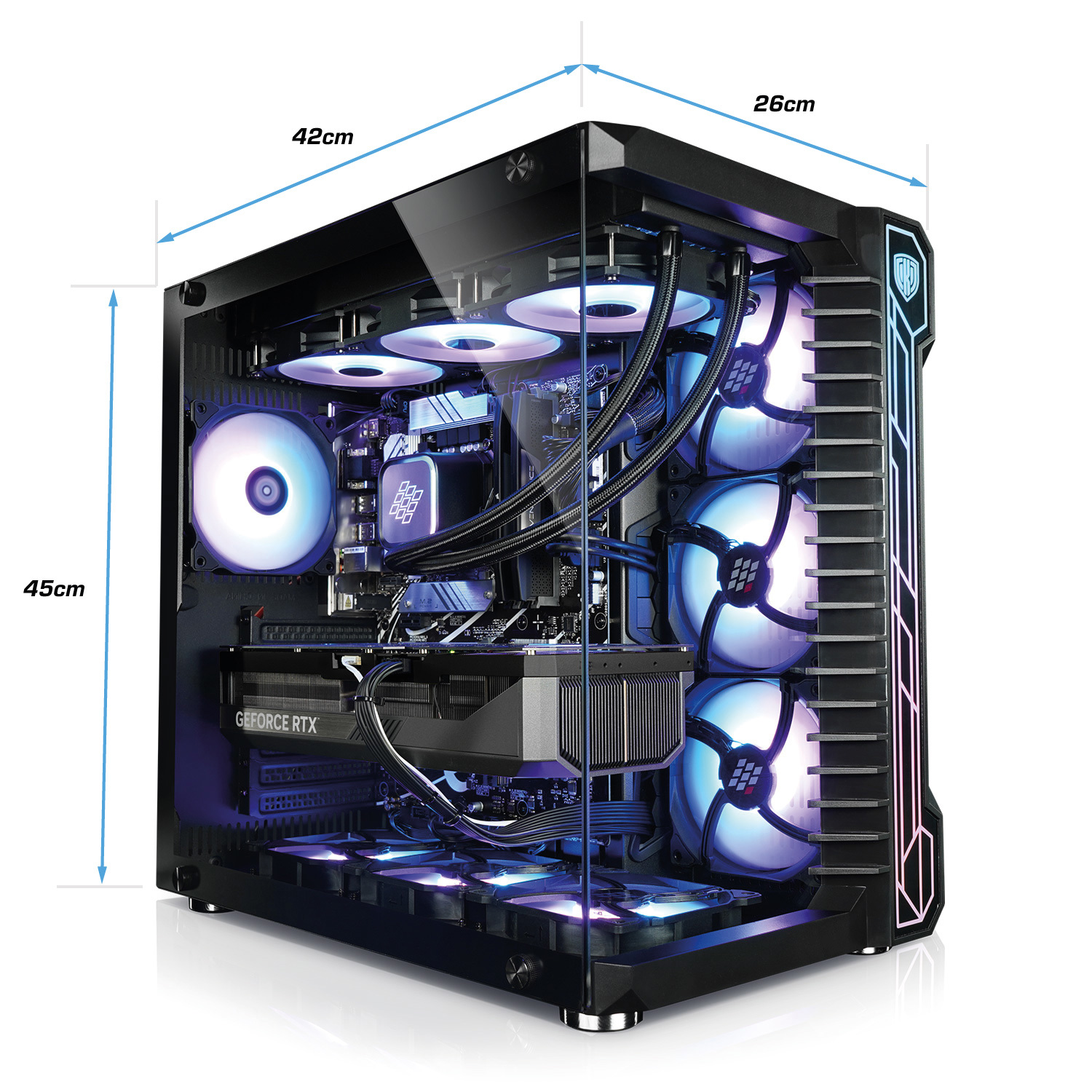 Ein schwarzes Computergehäuse mit Glasseiten. Im Inneren befinden sich Lüfter, eine Grafikkarte und andere Komponenten.