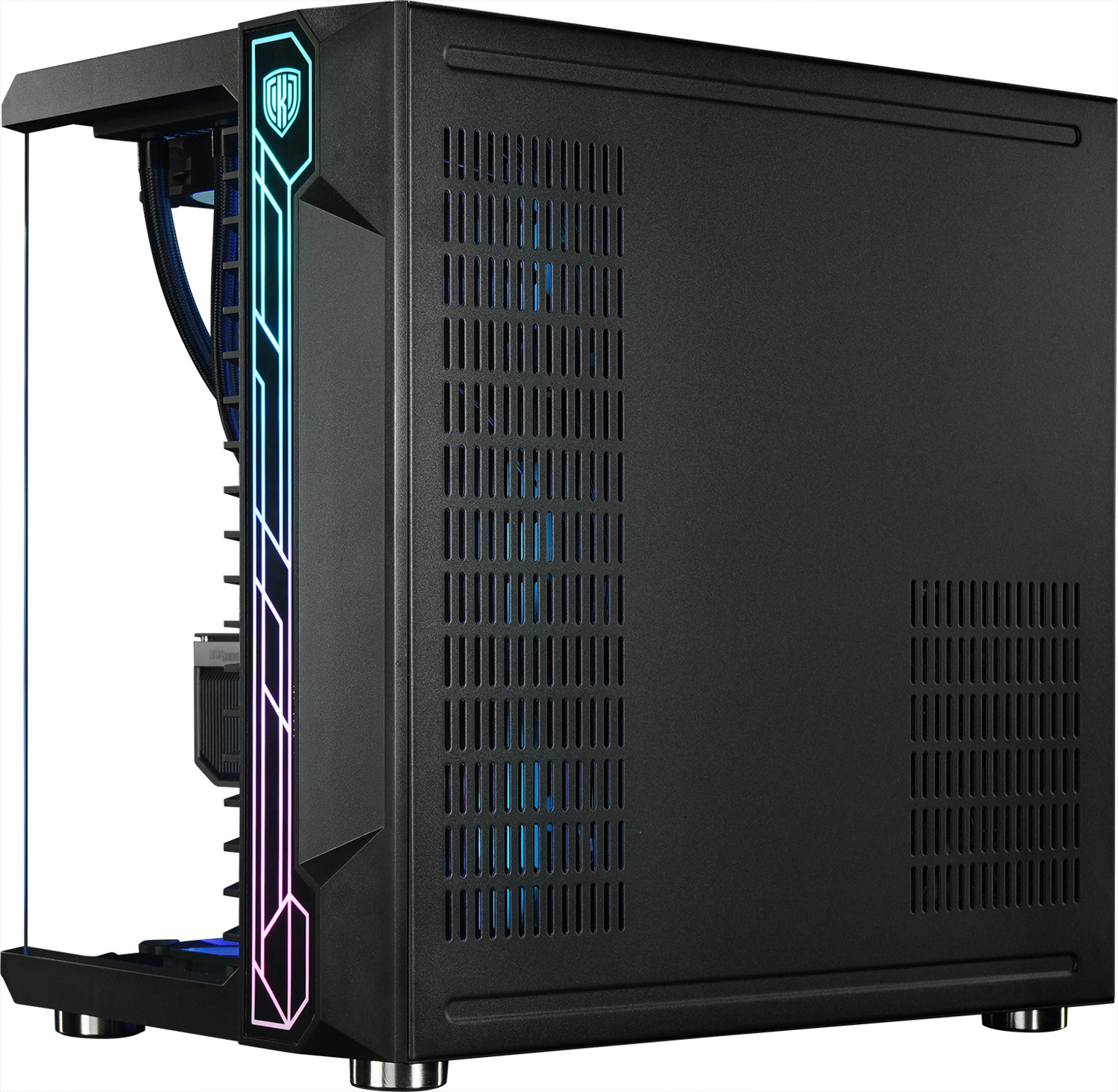 Ein schwarzes Computergehäuse mit Glas-Seitenwand und bunten Lichtern im Inneren. Das Gehäuse hat ein einzigartiges Design.