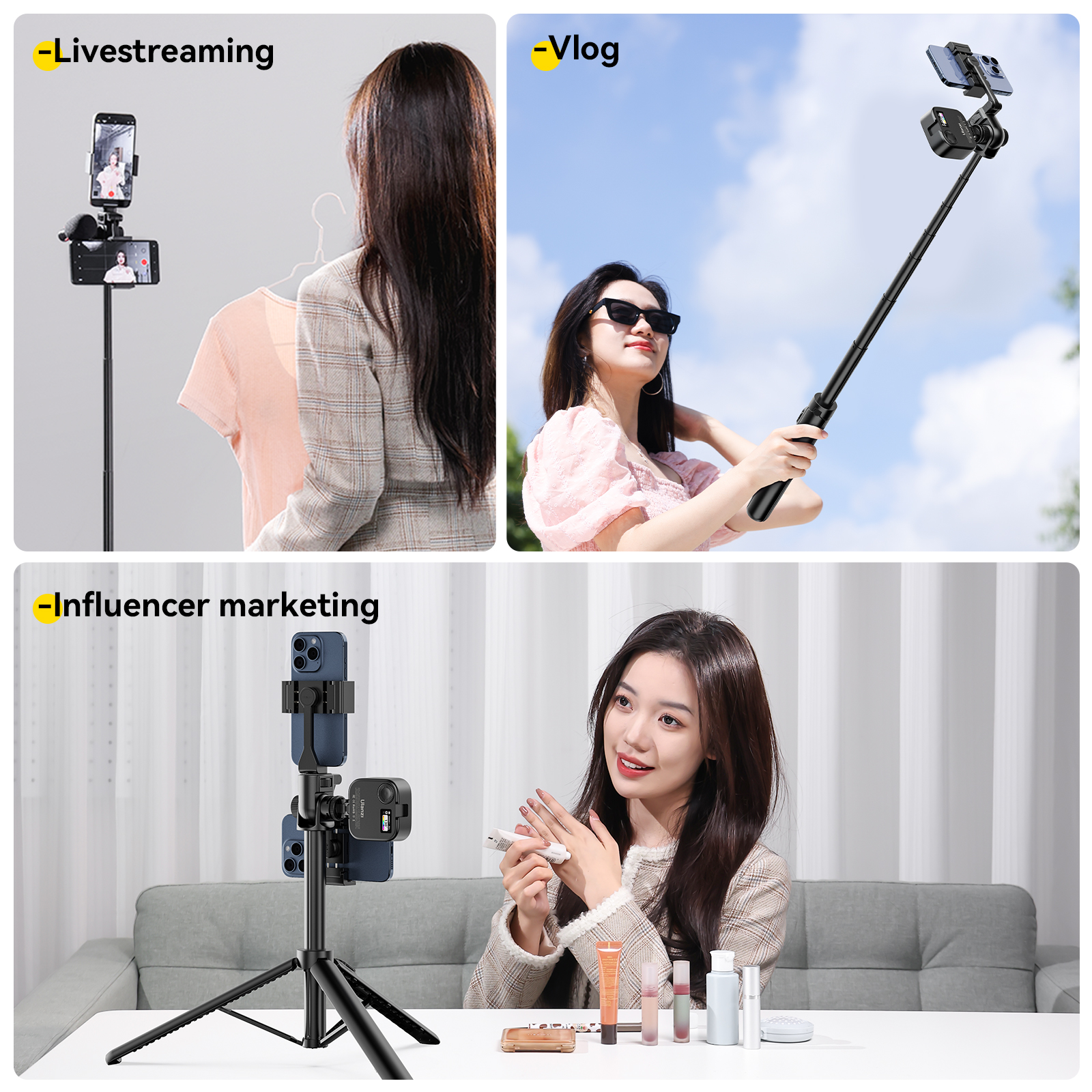Een collage van drie foto's gerelateerd aan contentcreatie. Toont live streaming, vloggen en influencer marketing scenario's.