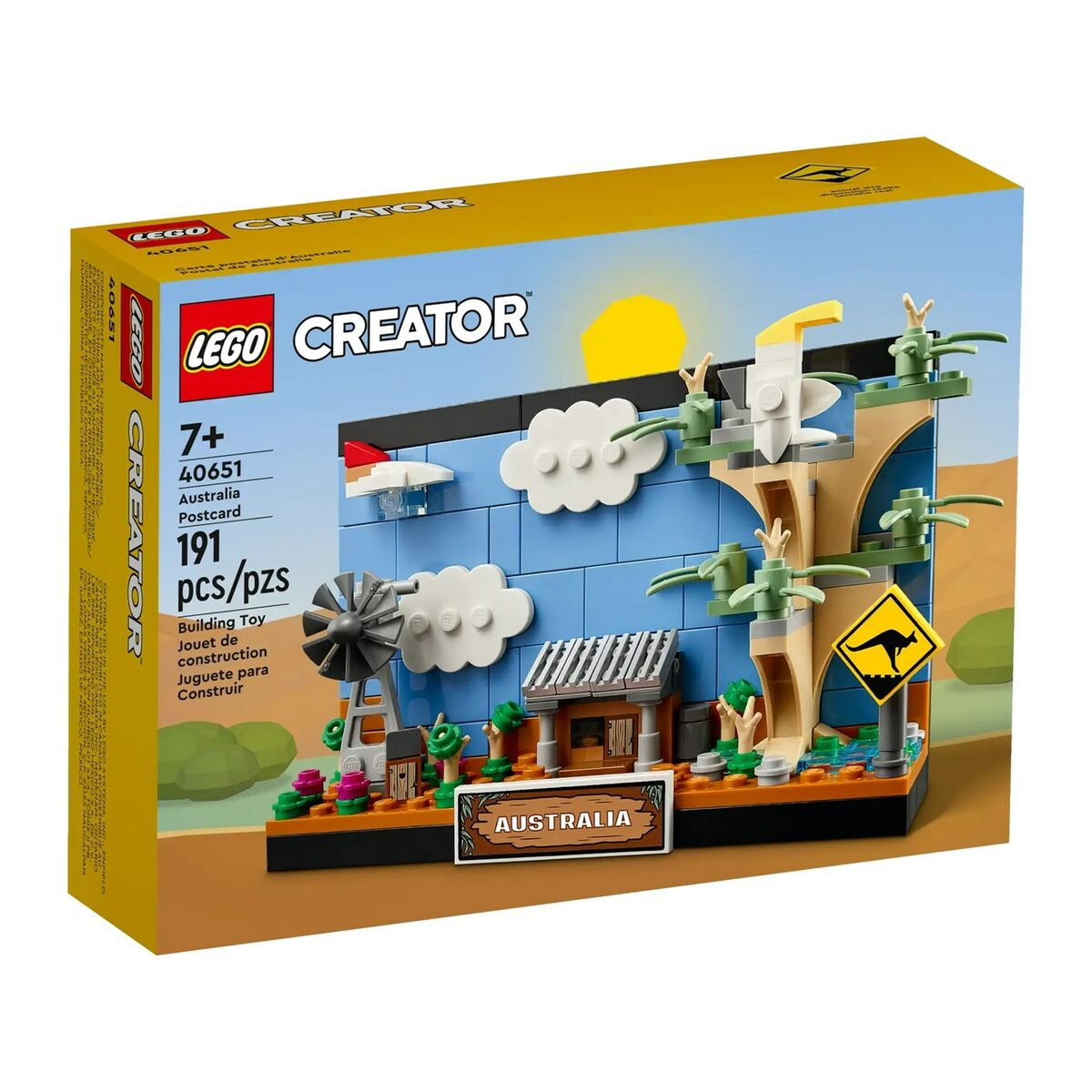 LEGO Australia Cartolina. Set da costruzione colorato con monumenti e un canguro sulla scatola.