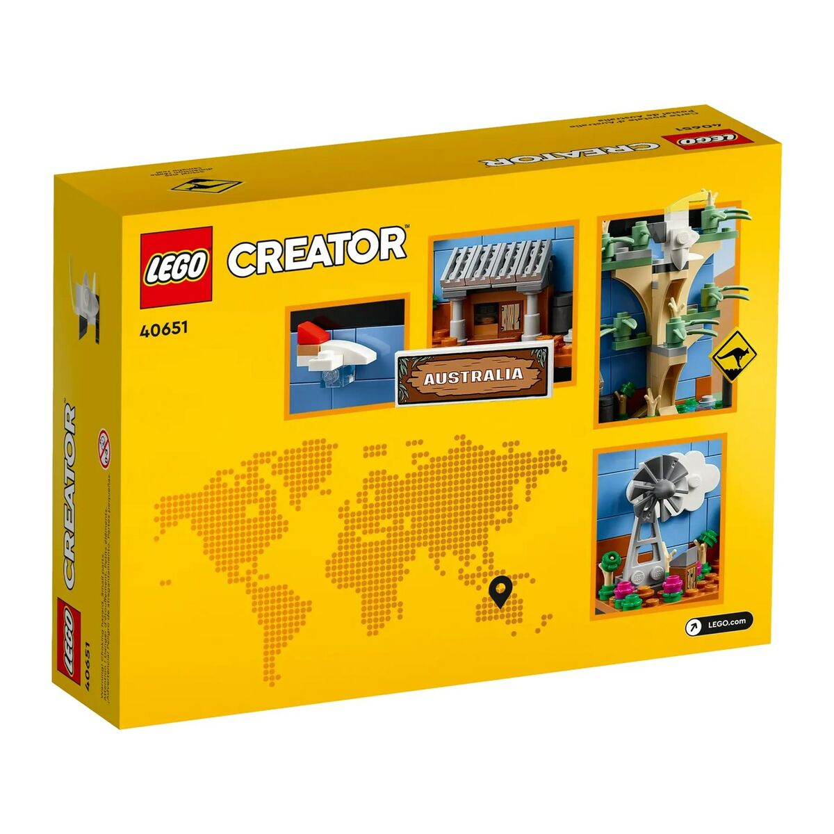 Scatola Lego Creator gialla con immagini di un canguro, un mulino a vento e un cartello Australia.