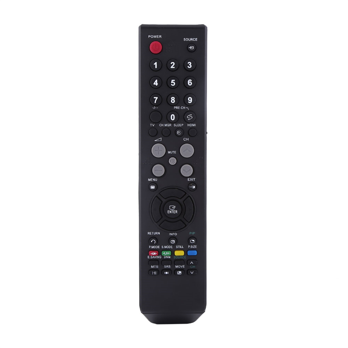 Schwarze TV-Fernbedienung mit vielen Knöpfen in verschiedenen Formen und Farben. Die Fernbedienung hat eine Ein/Aus-Taste.