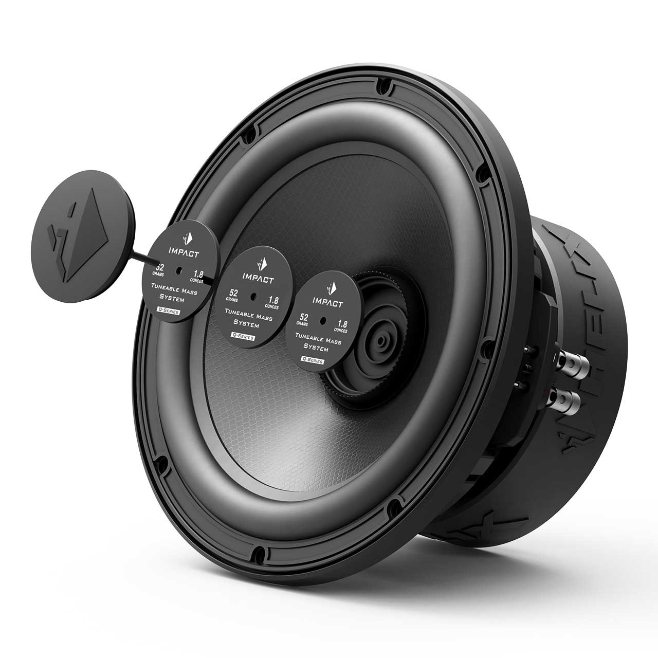 Ein schwarzer Subwoofer mit zwei Abstimmungsgewichten.