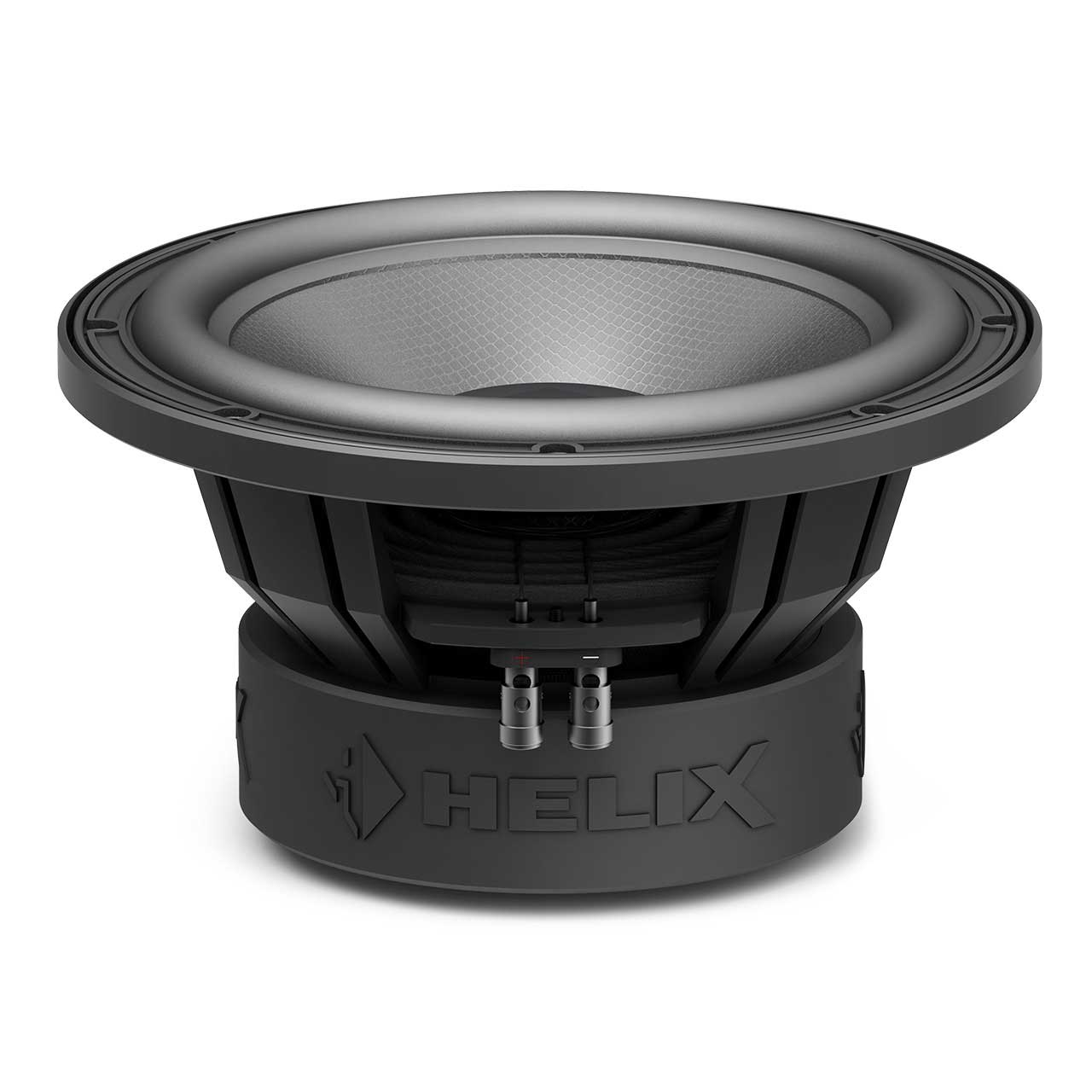 Ein schwarzer Subwoofer mit kreisförmigem Lautsprecher und dem Wort "HELIX" auf der Basis.