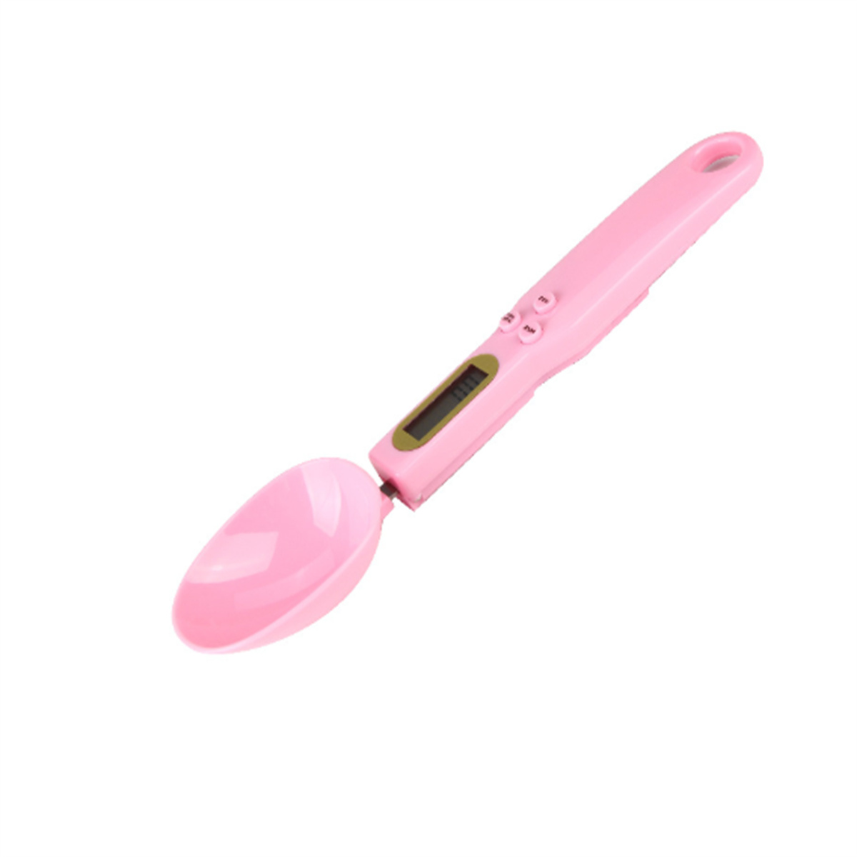 Eine rosa digitale Löffelwaage mit Gewürzen in Gläsern auf weißem Hintergrund.