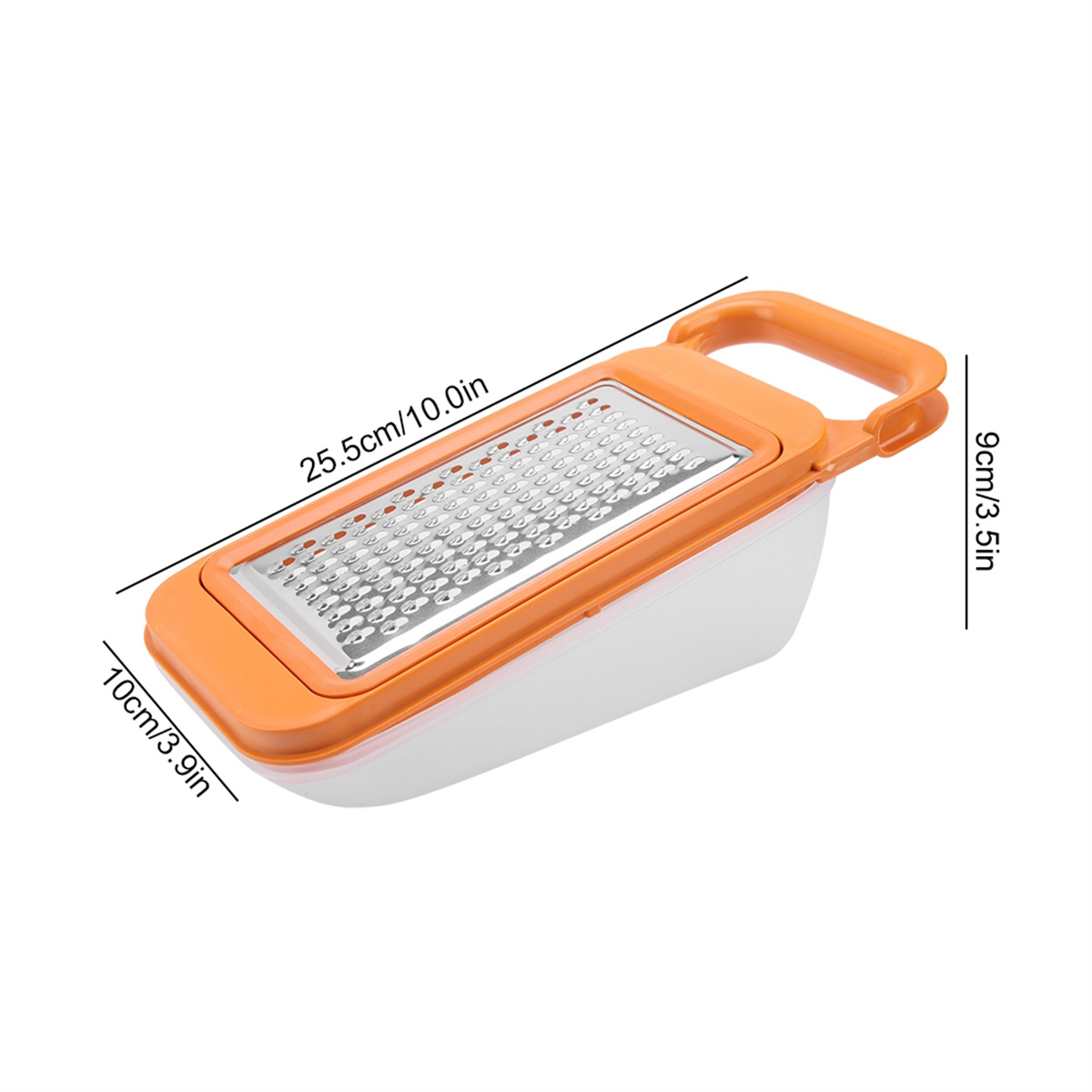 Orangener und weißer Reibe mit Größenangaben. Weißer Hintergrund.
