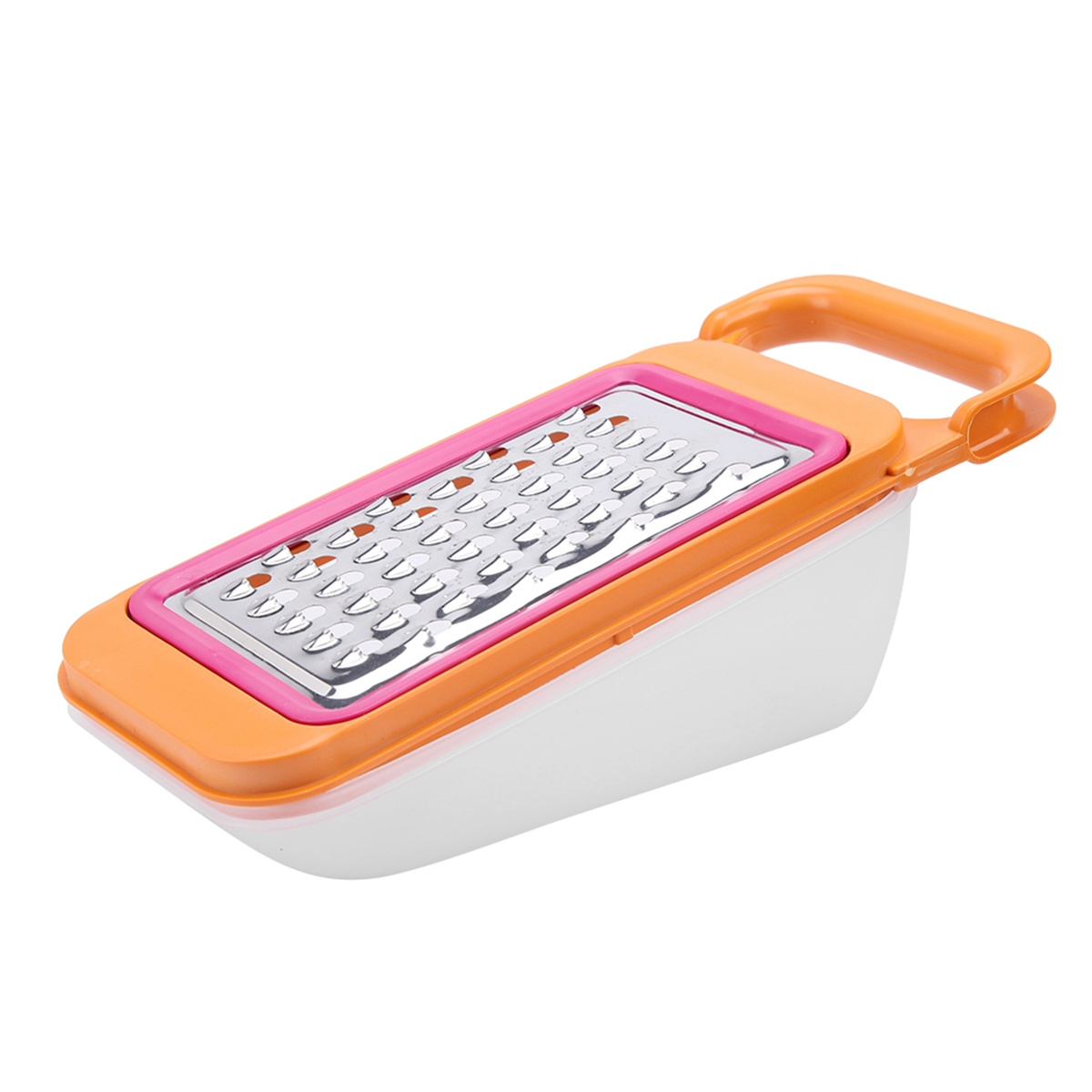 Orangener und weißer Reibe mit rosa Rahmen und Griff, auf weißem Hintergrund.