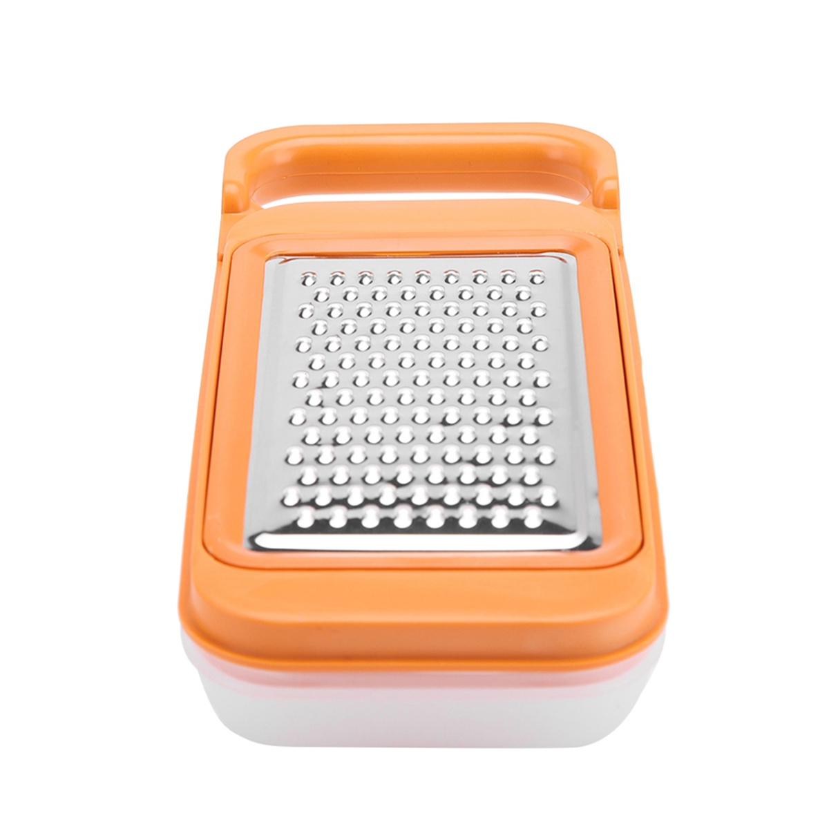 Orangener Reibeisen mit Edelstahl-Reibefläche und weißem Behälter. Weißer Hintergrund.
