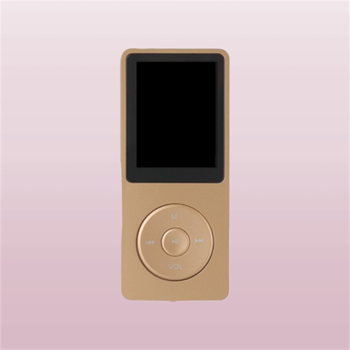 Goldfarbener MP3-Player. Rechteckig mit schwarzem Bildschirm und Steuertasten.