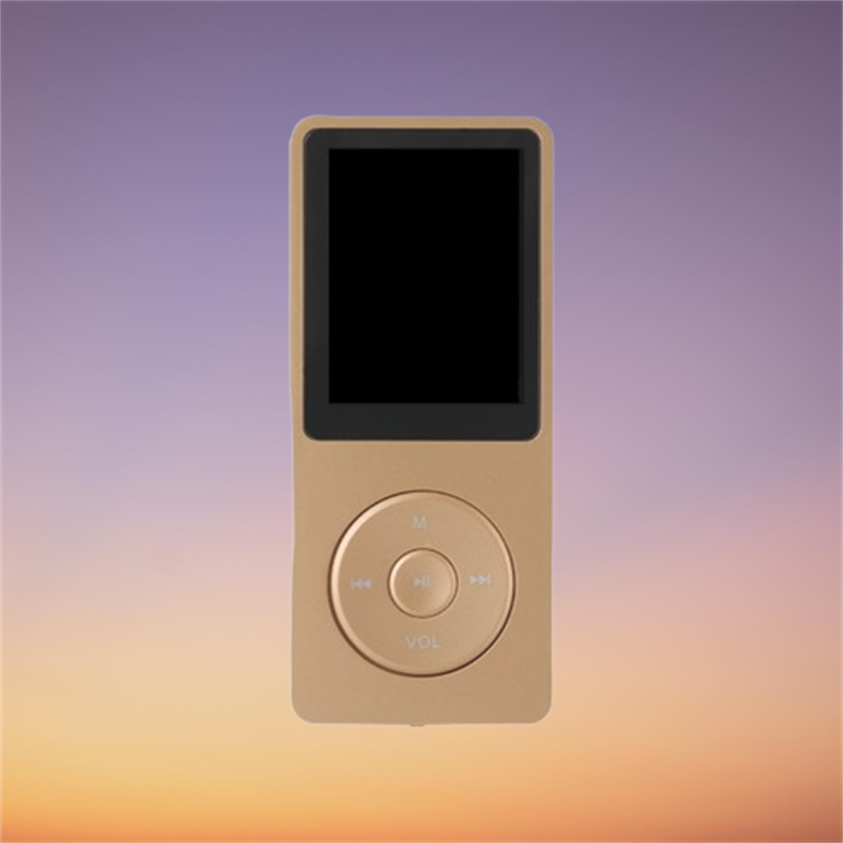 Goldener MP3-Player mit schwarzem Bildschirm auf farbigem Hintergrund.