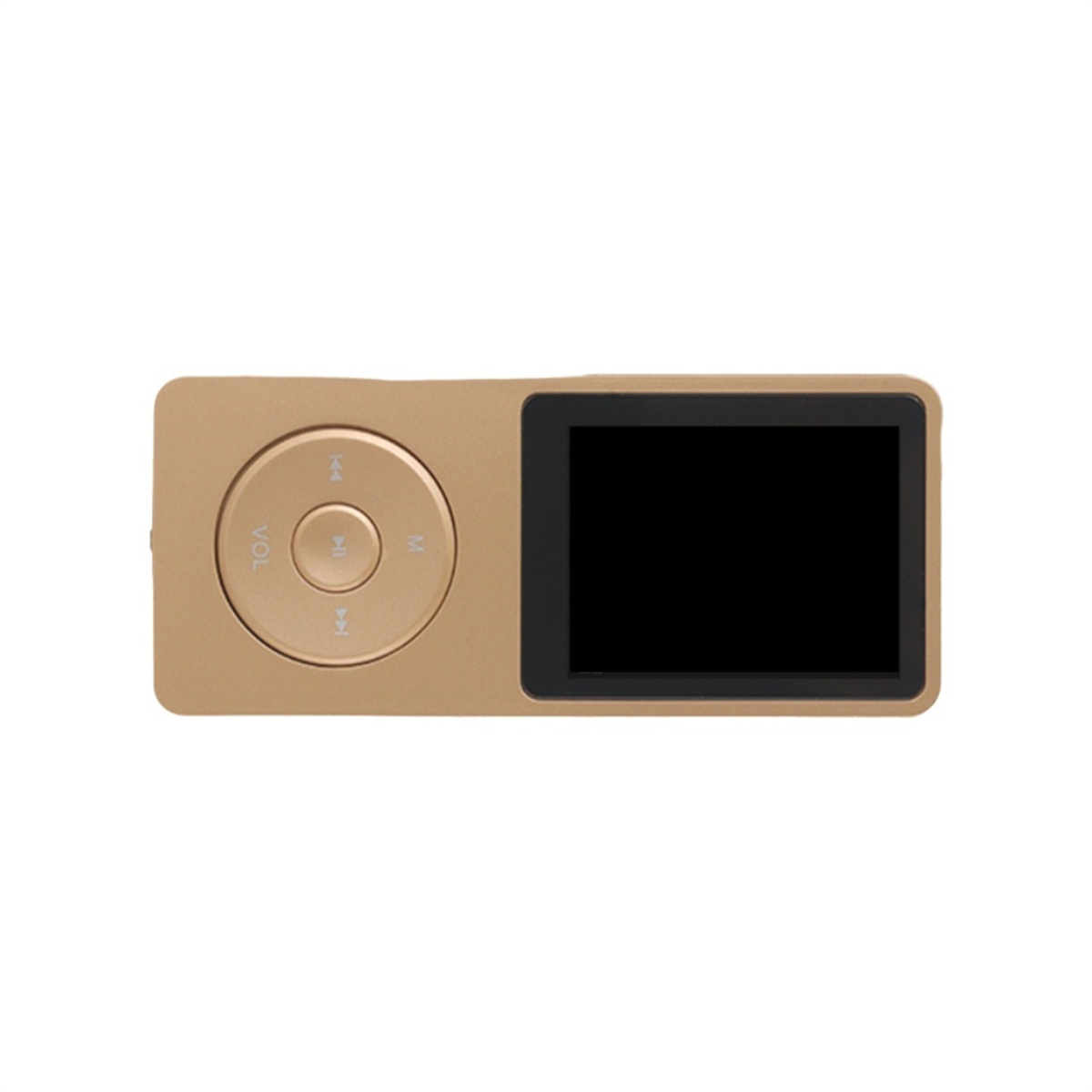 Ein kleiner, goldfarbener MP3-Player mit schwarzem Bildschirm und Steuertasten.