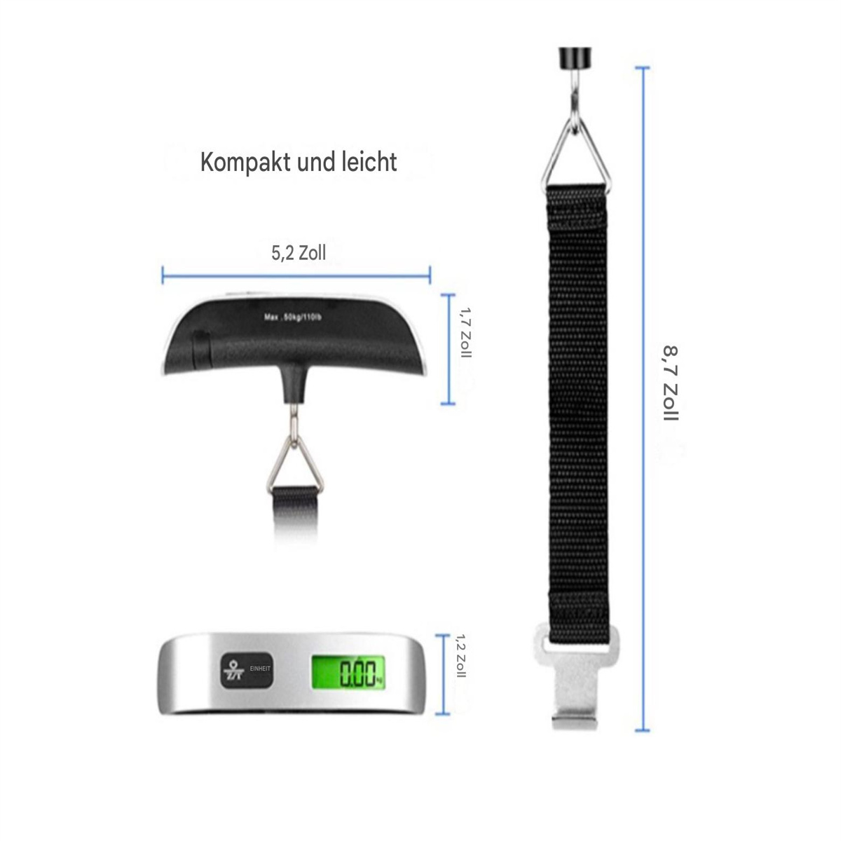 Eine schwarze und silberne Gepäckwaage mit schwarzem Gurt und Digitalanzeige.