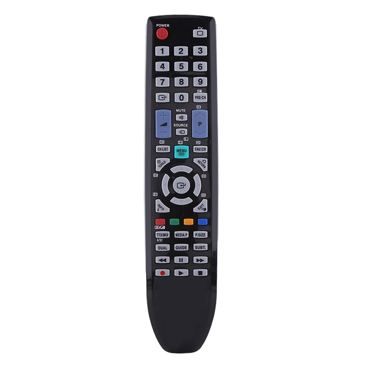 Schwarze TV-Fernbedienung mit Knöpfen und Zahlen, oben ein Power-Knopf.