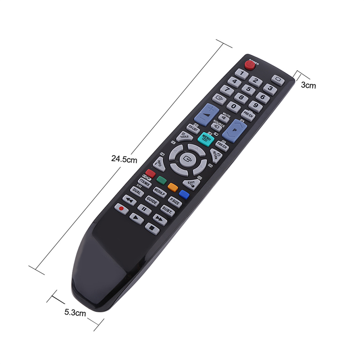 Eine schwarze TV-Fernbedienung mit nummerierten Tasten, Richtungstasten und beschrifteten Funktionstasten. Abmessungen sind angegeben.