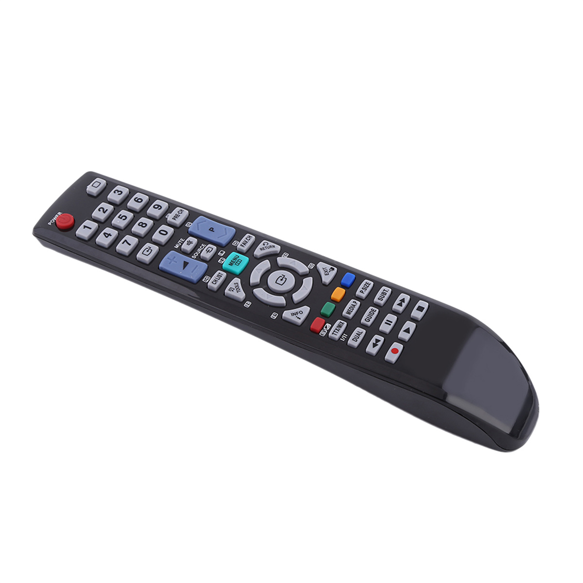 Schwarze TV-Fernbedienung mit vielen Tasten. Text und Zahlen sind sichtbar.