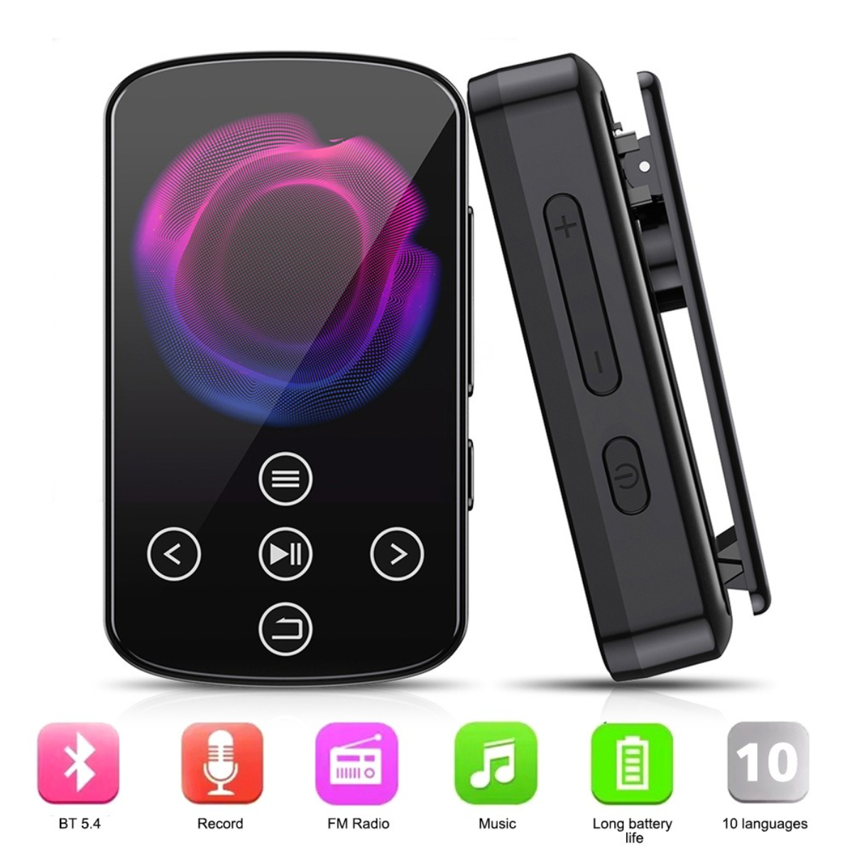 Schwarzer MP3-Player mit farbigem Bildschirm und mehreren Funktionssymbolen.