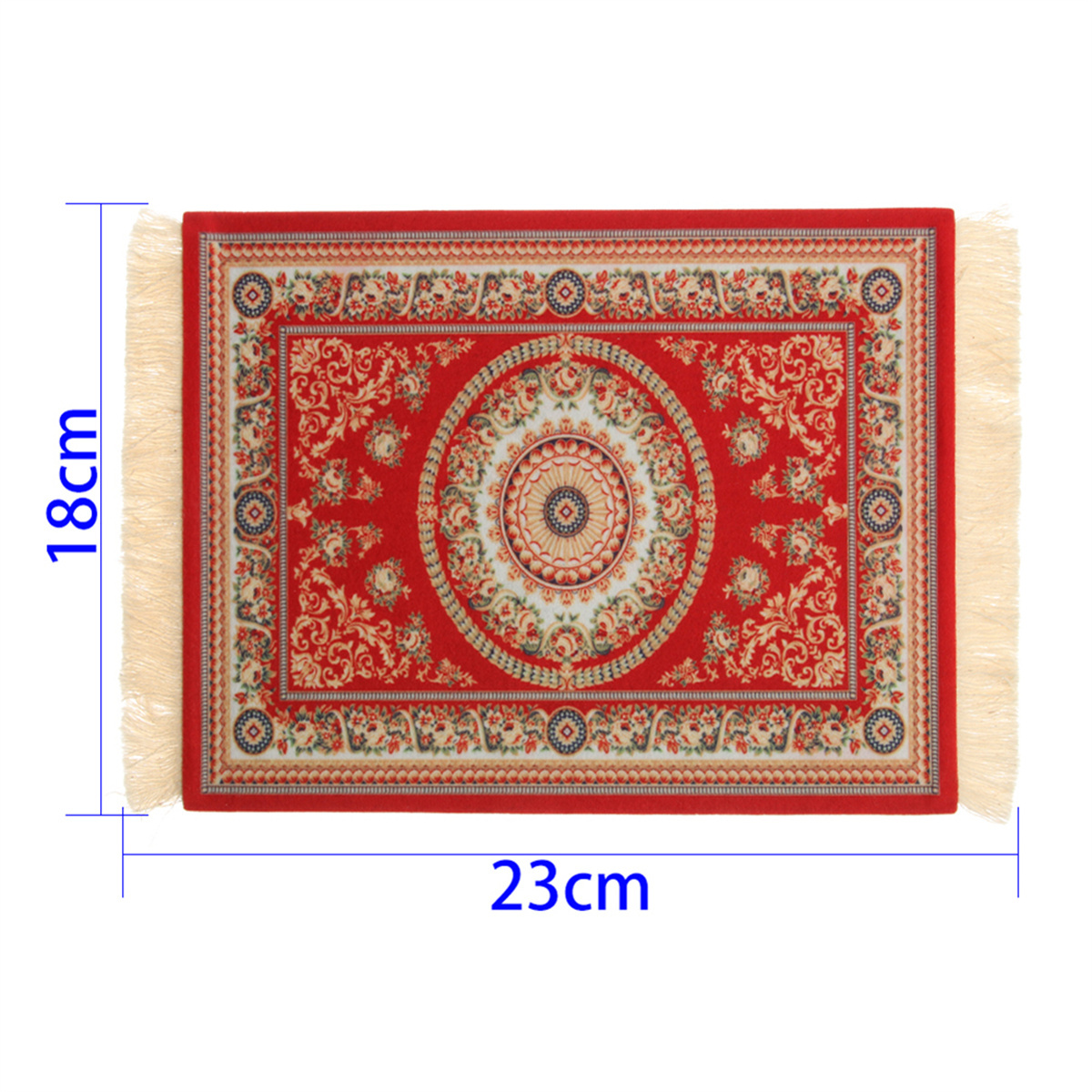 Ein kleiner roter Teppich mit kompliziertem Muster und Fransen, mit Abmessungen.