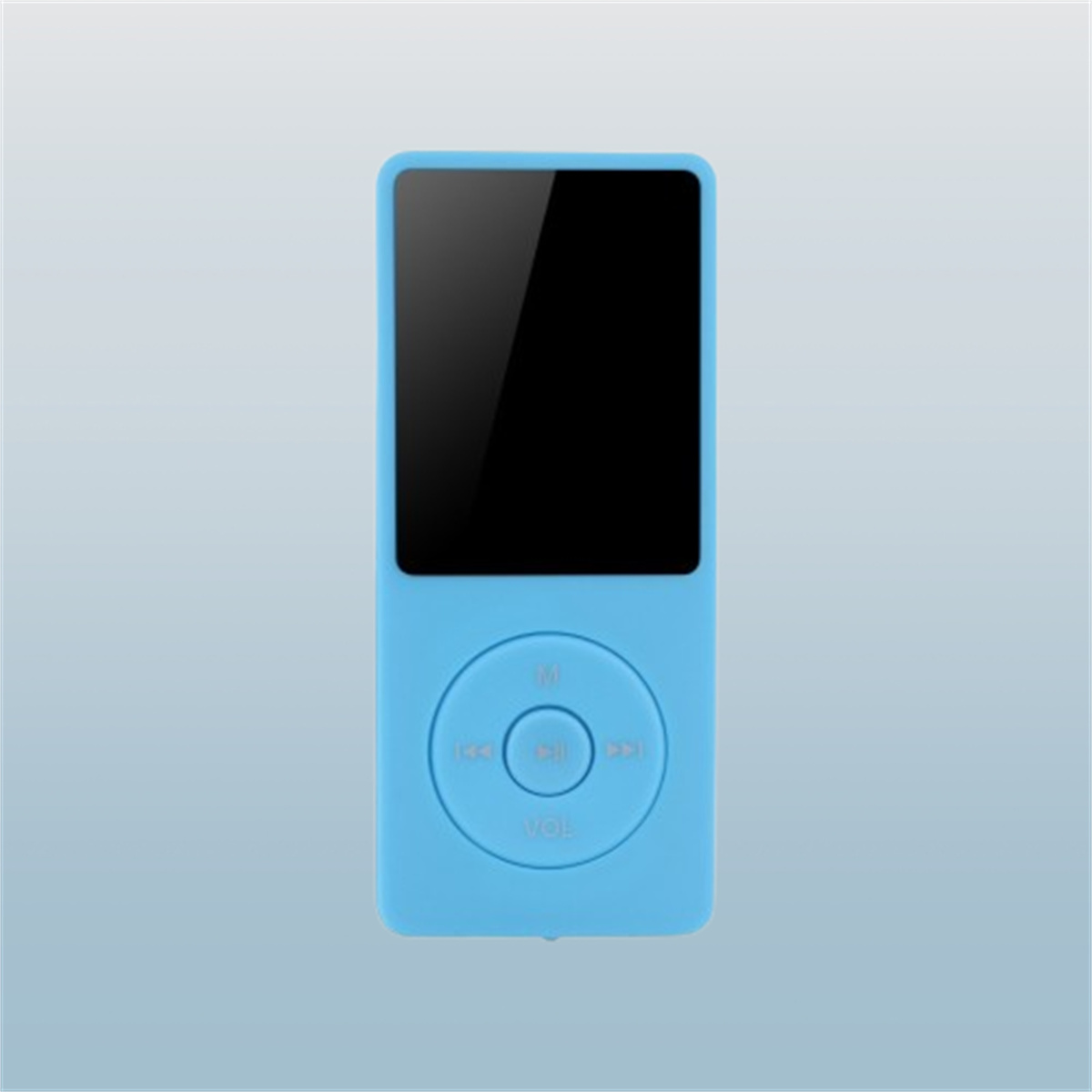 Ein blauer MP3-Player mit schwarzem Bildschirm und Bedientasten. Die Tasten sind in einem Kreis angeordnet.
