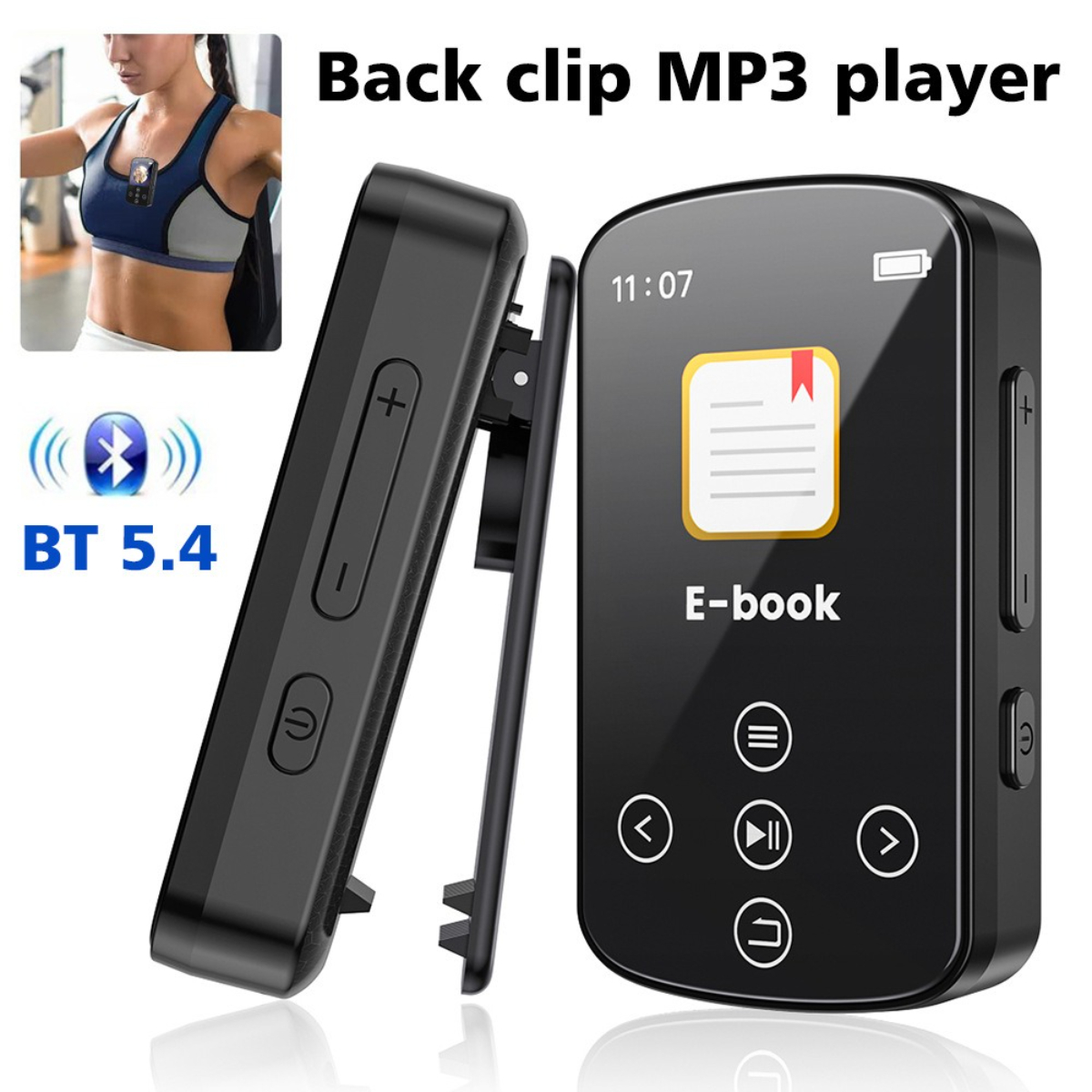 Ein schwarzer MP3-Player mit Clip, Bildschirm mit E-Book-Symbol und Bluetooth 5.4 Text.