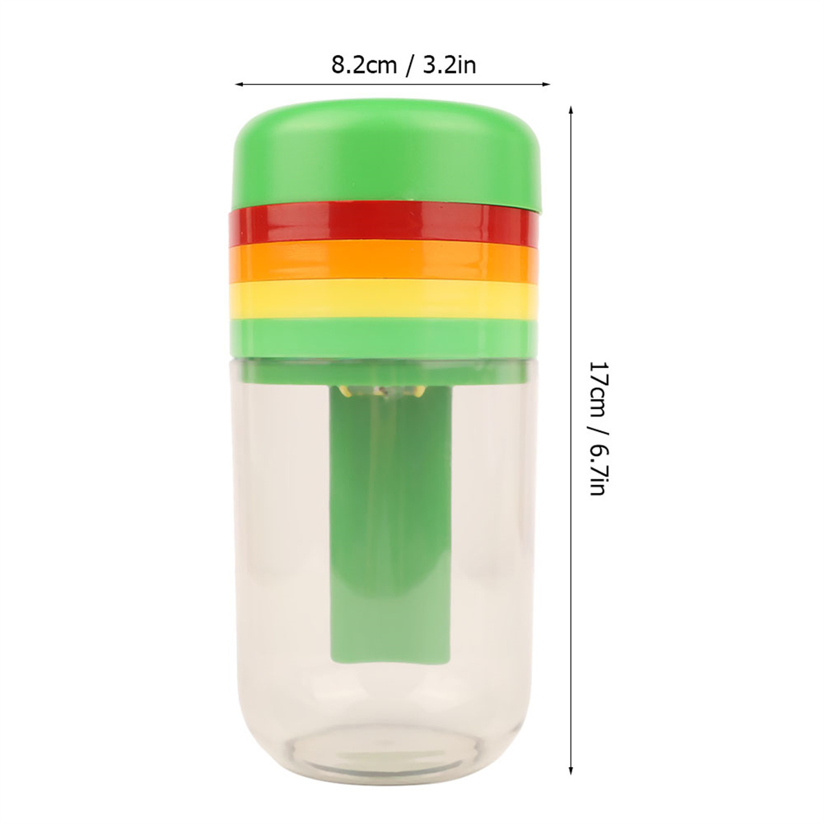 Bunter Entsafter: grüner Deckel, rote, orange, gelbe Bänder, klarer Behälter.
