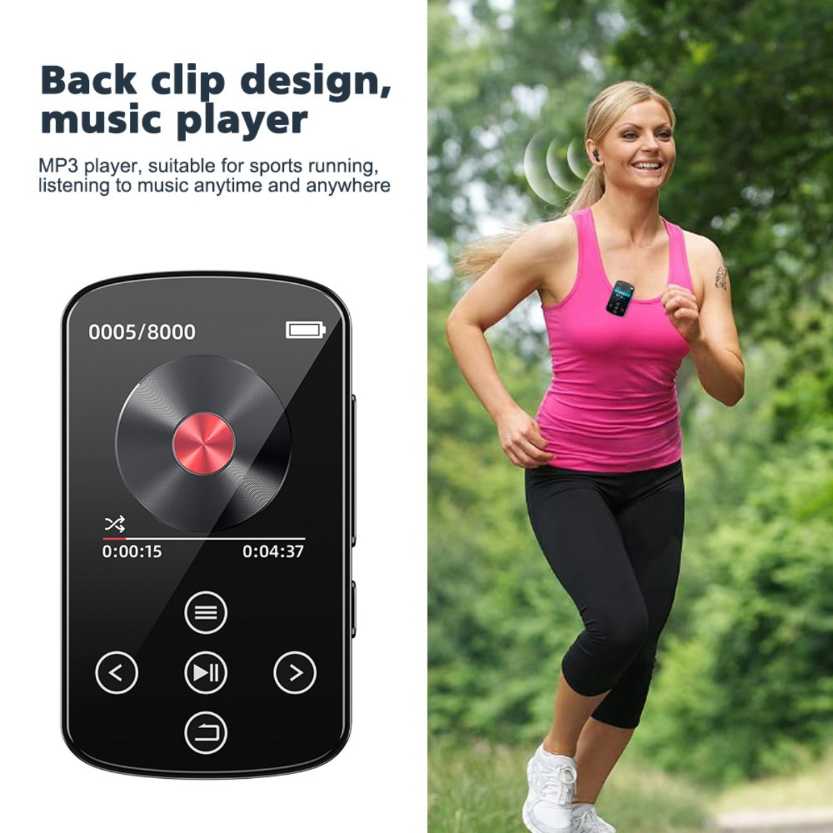 Frau läuft mit einem MP3-Player an der Brust. Player mit Display und Bedienelementen. Schwarze Farbe.