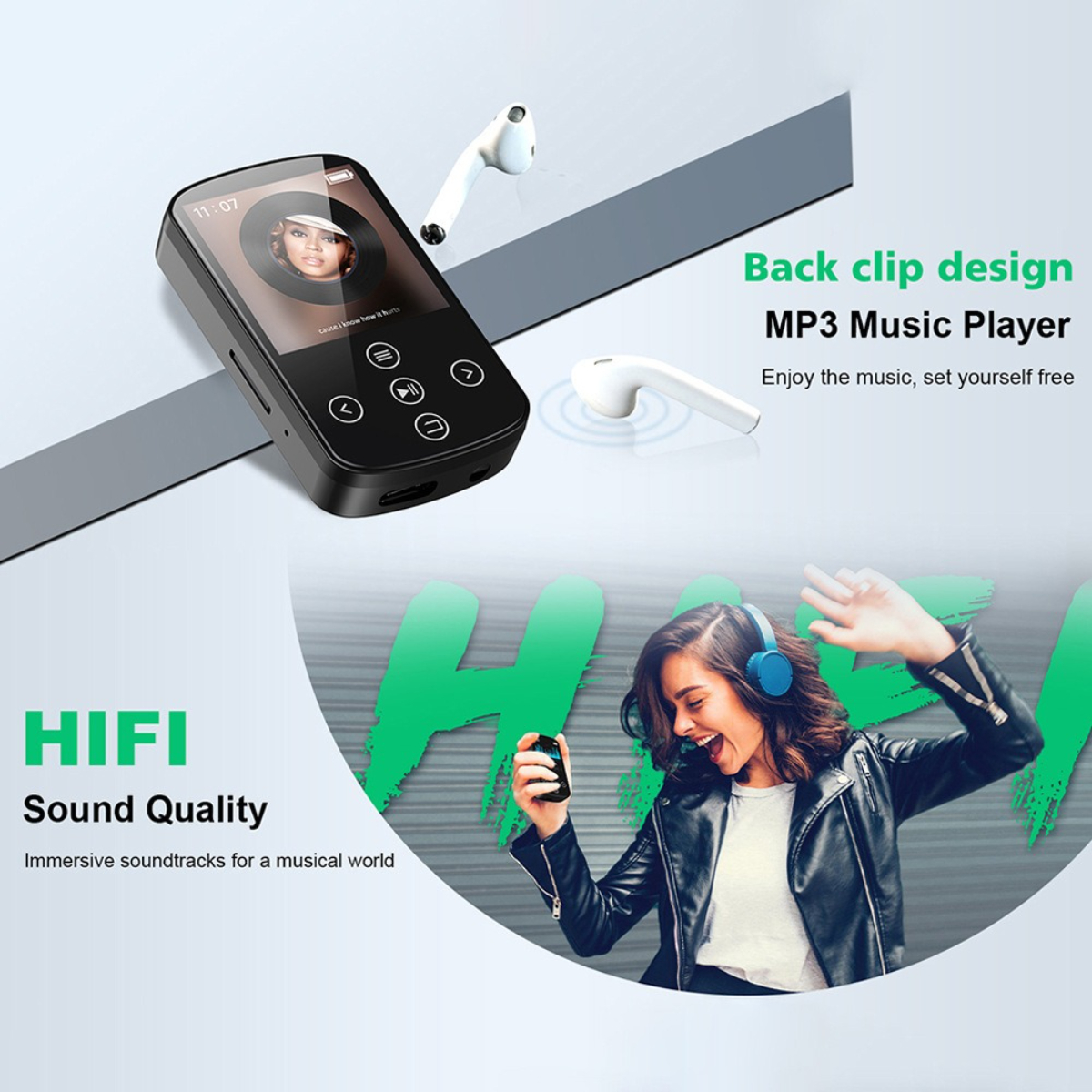 Schwarzer MP3-Player mit Bildschirm, weiße Ohrhörer und eine tanzende Frau mit Kopfhörern, grüner Hintergrund.