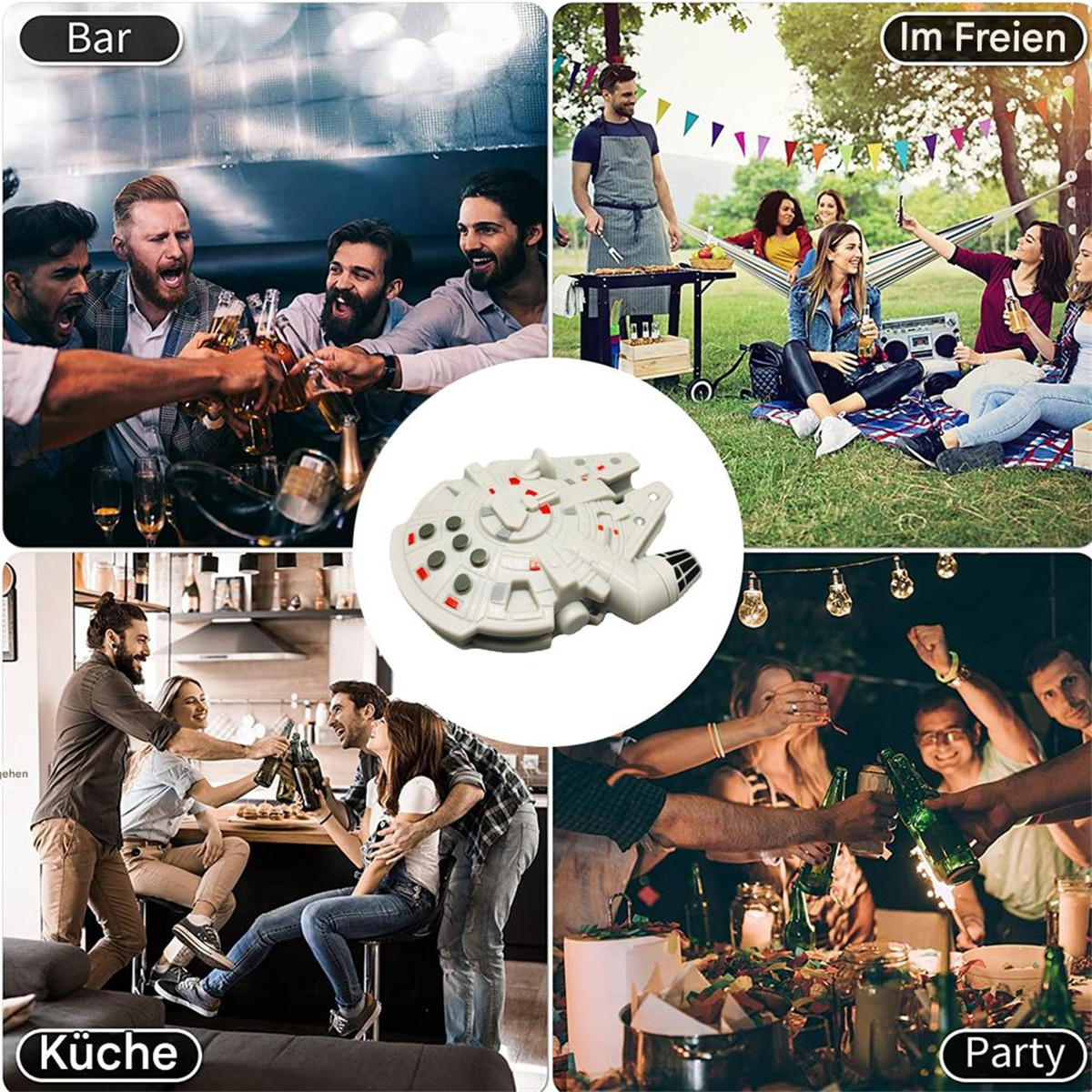 Eine Collage von Menschen in einer Bar, im Freien, in der Küche und auf einer Party, mit einem Star Wars Spielzeug.