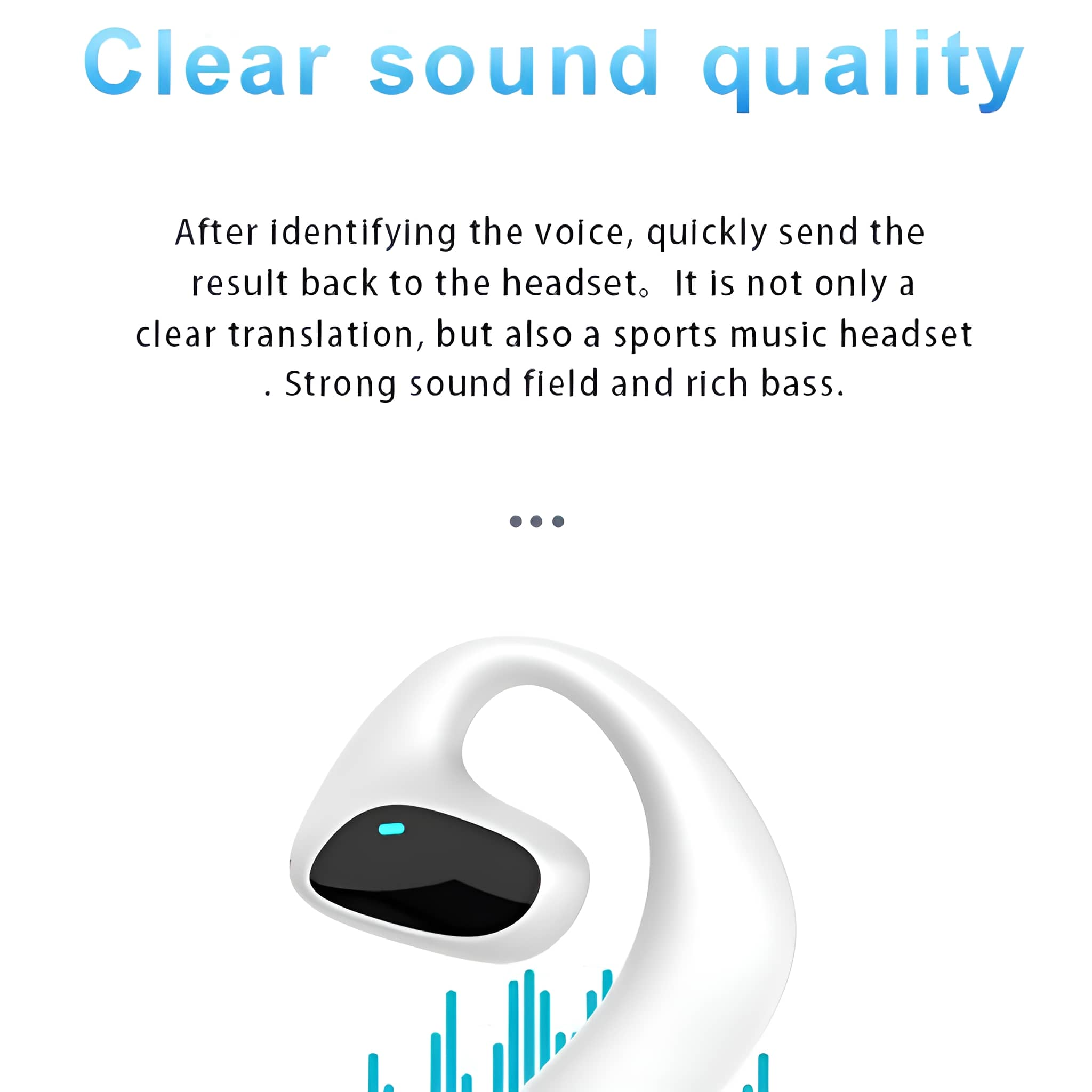 Ein weißes Headset mit einem schwarzen Ohrhörer wird angezeigt. Blaue Linien zeigen Schallwellen an. Text ist vorhanden.