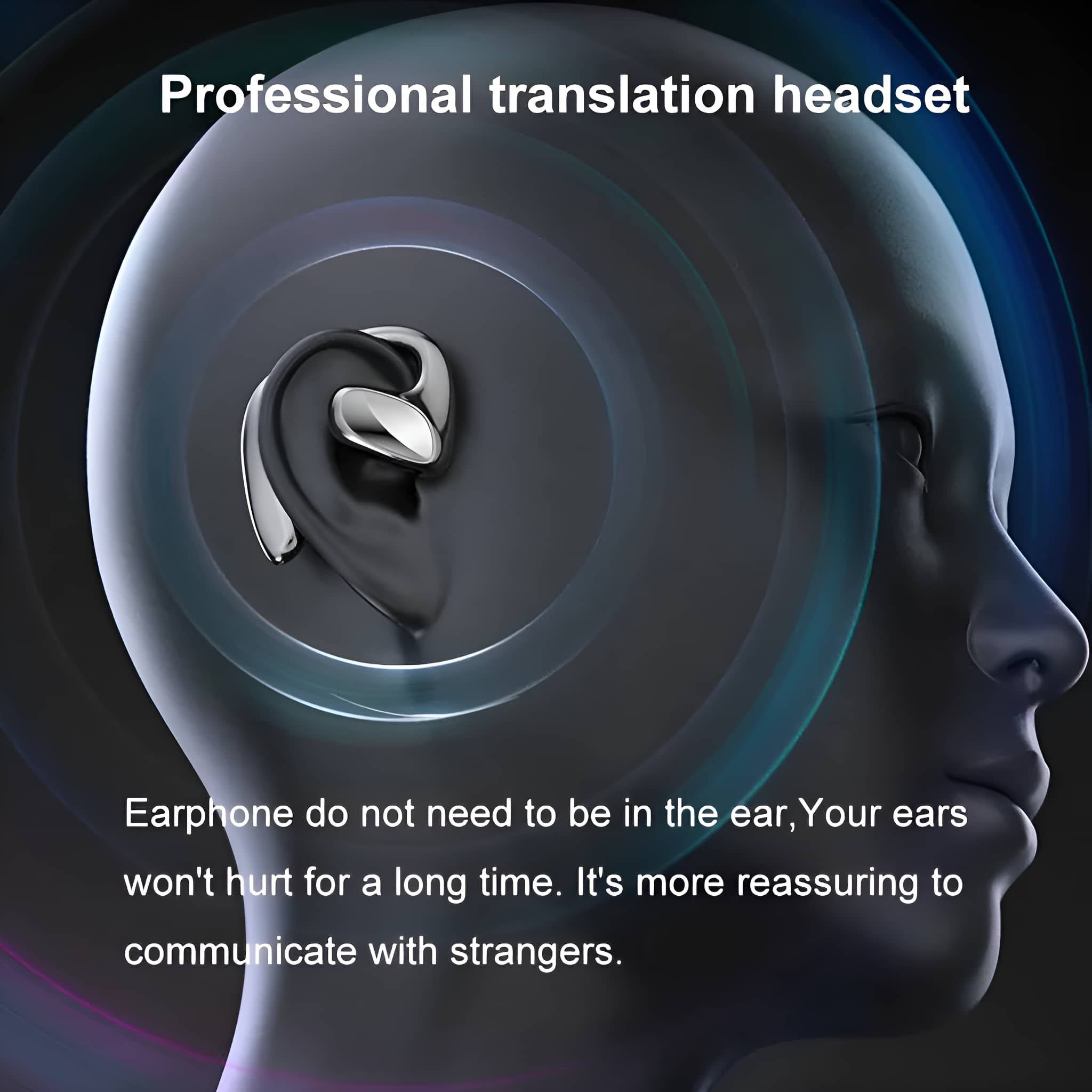 Kopfhörer auf einer Gesichts-Grafik. Text: Professionelles Übersetzungs-Headset. Blau- und Schwarztöne.