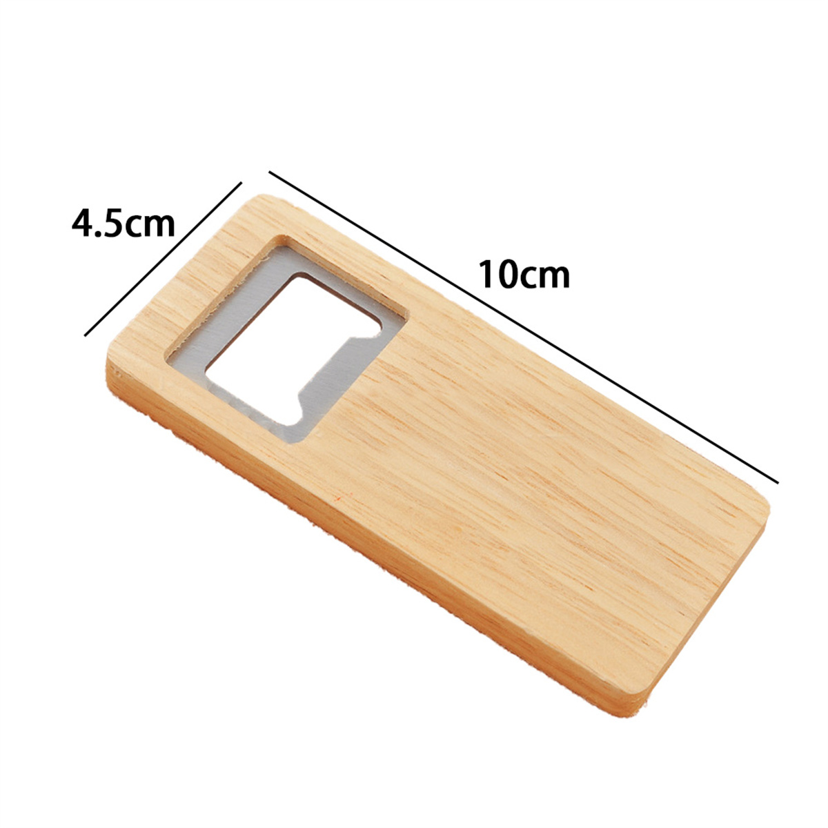 Ein hölzerner Flaschenöffner mit Edelstahl-Öffnerteil, Maße 4,5 cm x 10 cm.