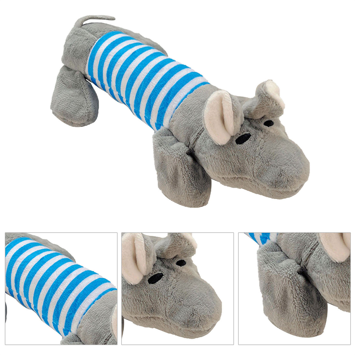 Graues Elefanten-Hundespielzeug mit blau-weiß gestreiftem Mittelteil.