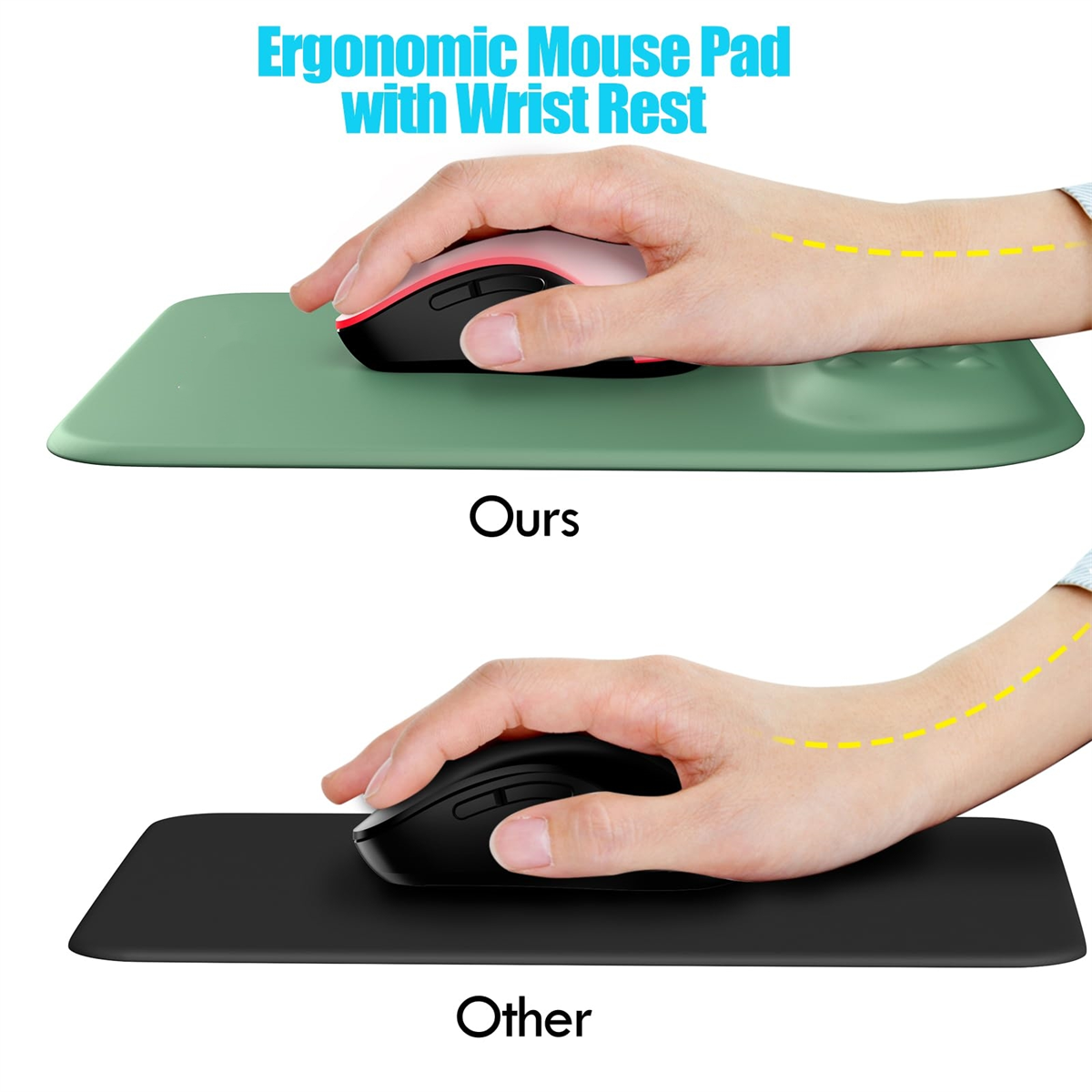Ergonomisches Mauspad, Hand benutzt Maus, andere Hand auf normalem Pad.
