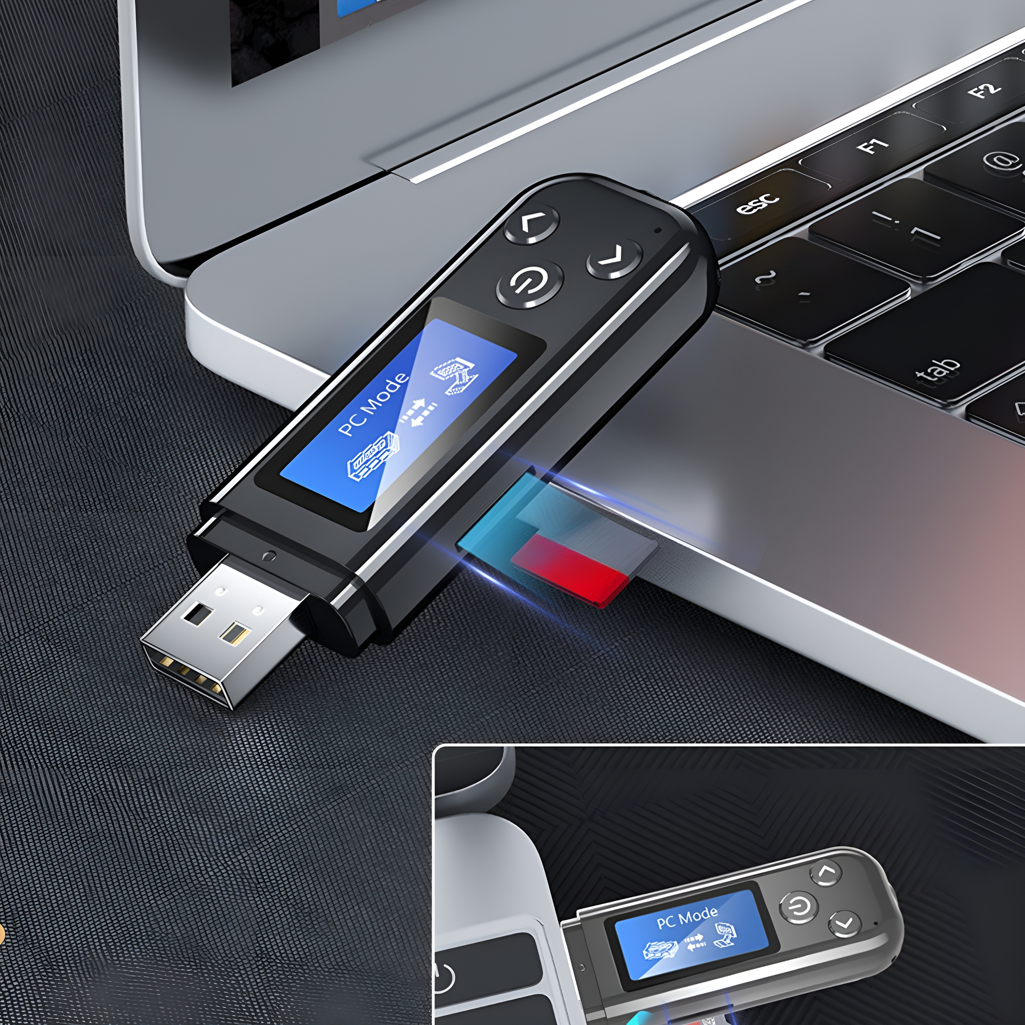 Ein schwarzes USB-Gerät, das an einen Laptop angeschlossen ist. Das Gerät hat einen Bildschirm.
