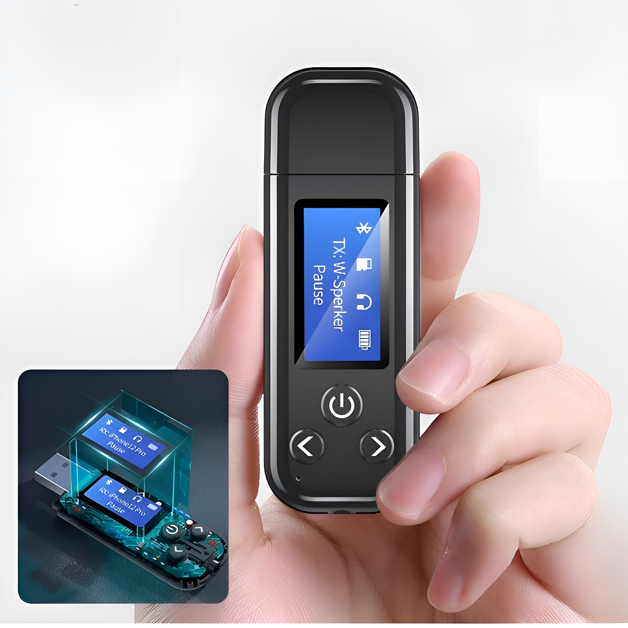 Ein schwarzes USB-Gerät mit Bildschirm, Hand hält es, mit einer Schnittansicht des Geräts.