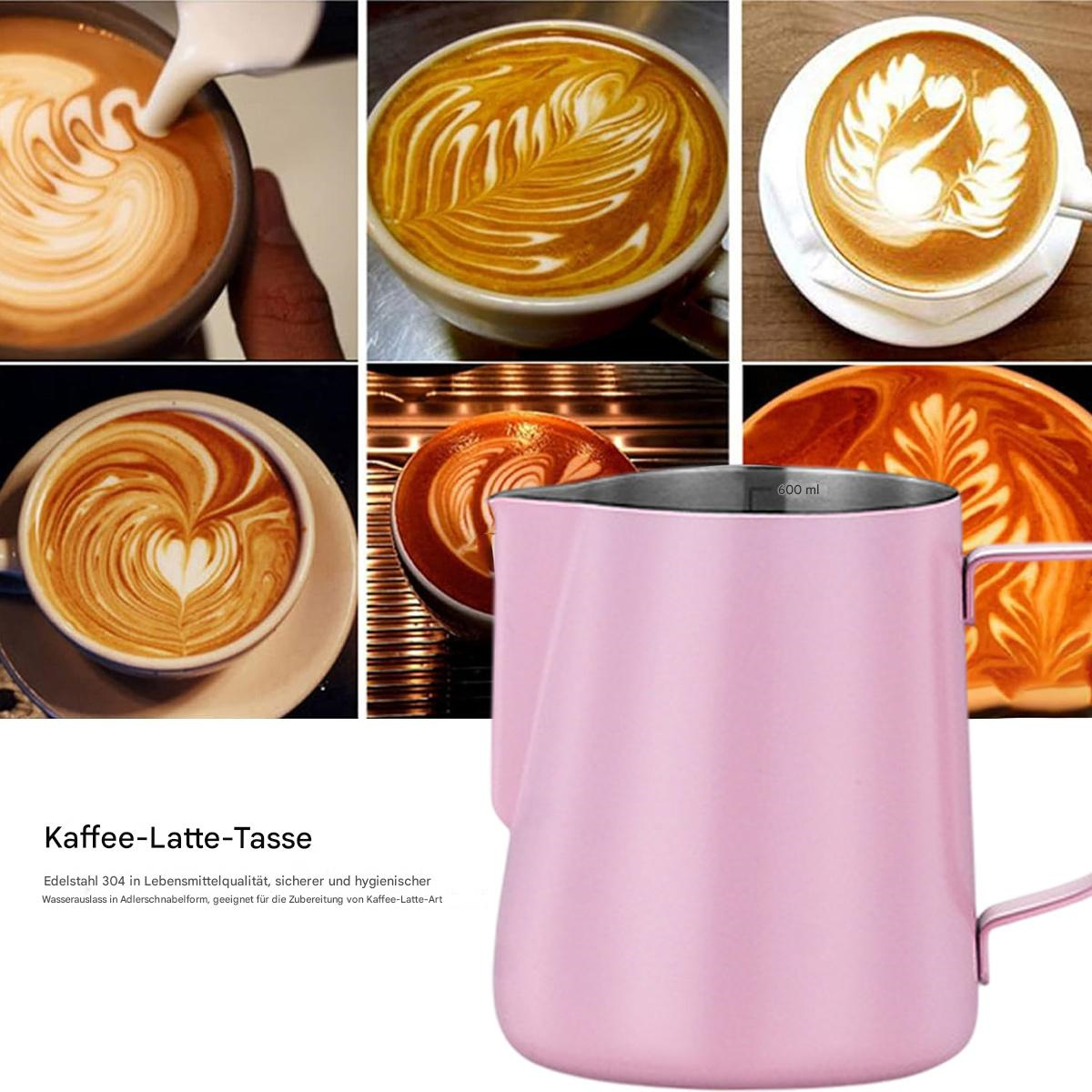 Eine Collage von Kaffeetassen mit Latte Art und einem rosa Milchschaumkännchen. Text unten auf Deutsch.