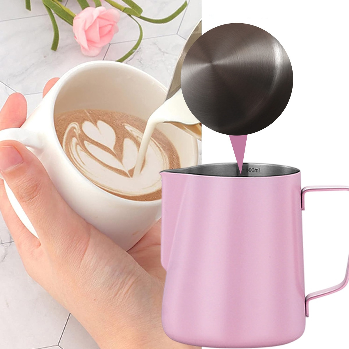 Eine Hand gießt Milch in einen rosa Krug, eine andere Hand hält eine weiße Tasse mit Latte Art.