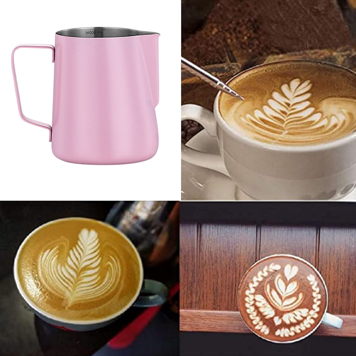 Rosa Milchaufschäumer-Kanne mit Latte-Art-Beispielen daneben.