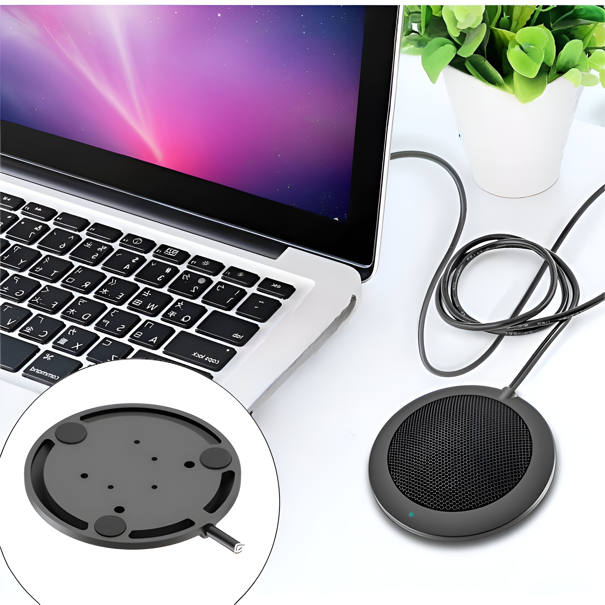 Ein schwarzes Mikrofon mit rundem Sockel und Kabel neben einem Laptop.
