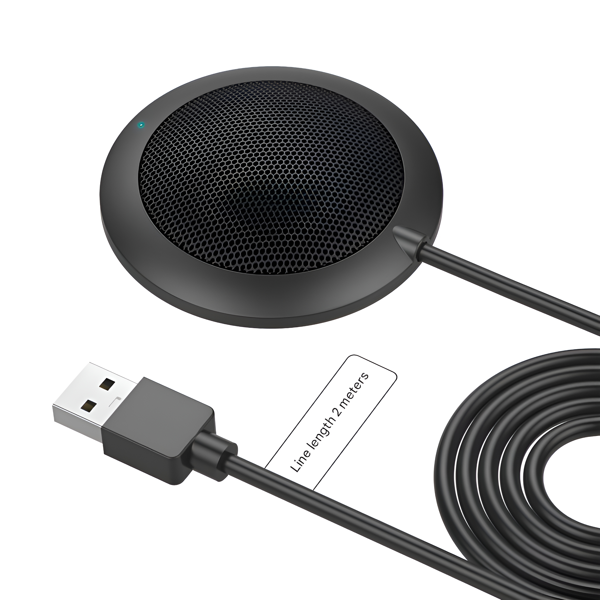 Ein schwarzes USB-Mikrofon mit Kabel und USB-Anschluss. Ein blaues Licht leuchtet.