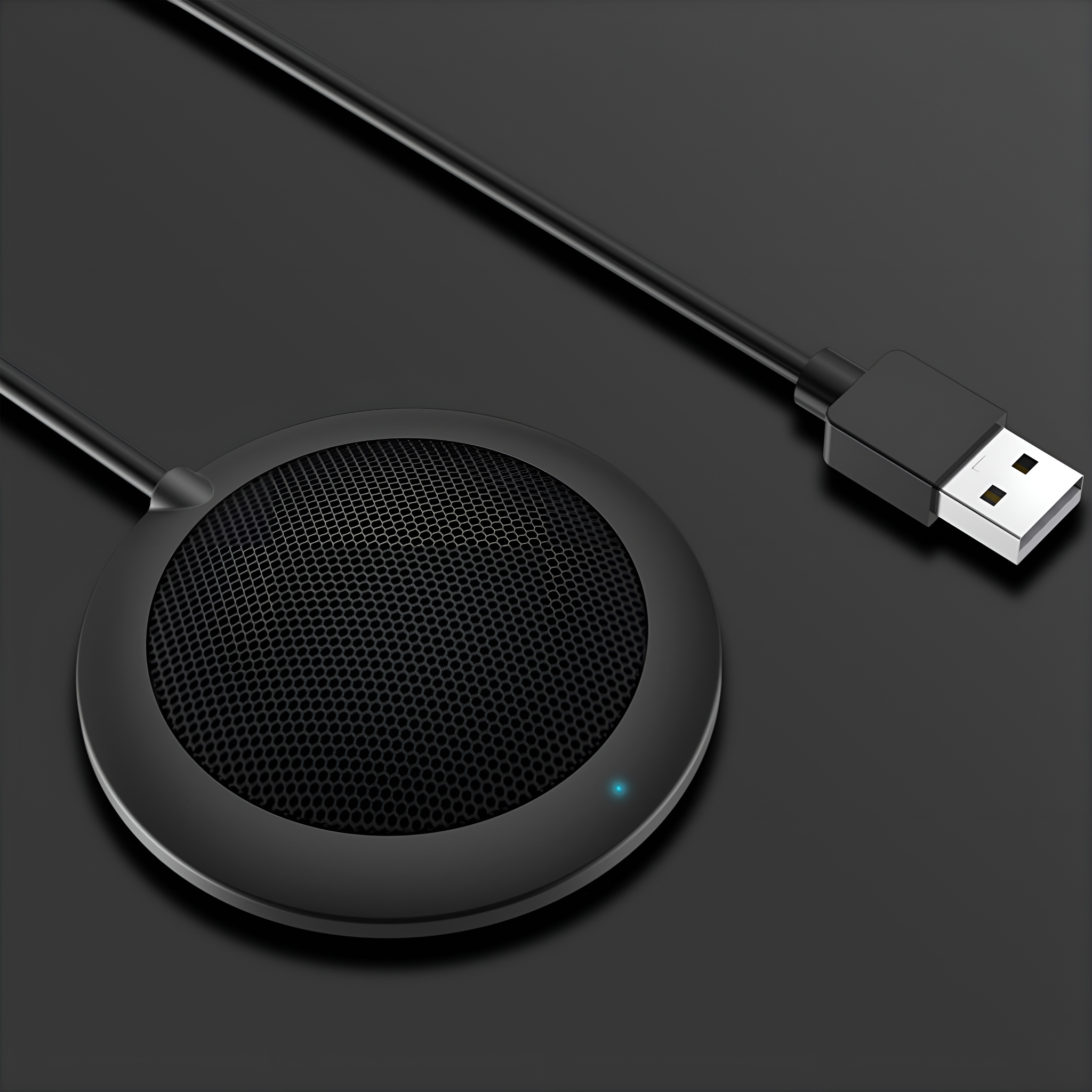Ein schwarzes, kreisförmiges Mikrofon mit USB-Kabel auf schwarzem Hintergrund.