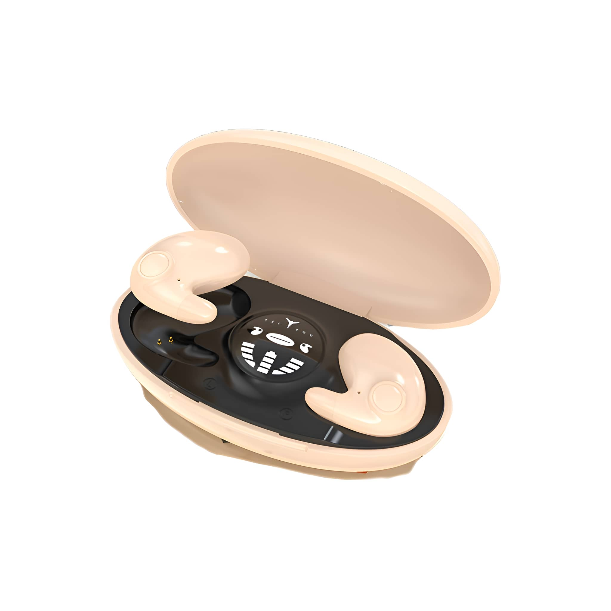 Ohrhörer und Ladeetui. Ohrhörer sind rosa, Etui beige und offen. Schwarzer Innenladebereich.