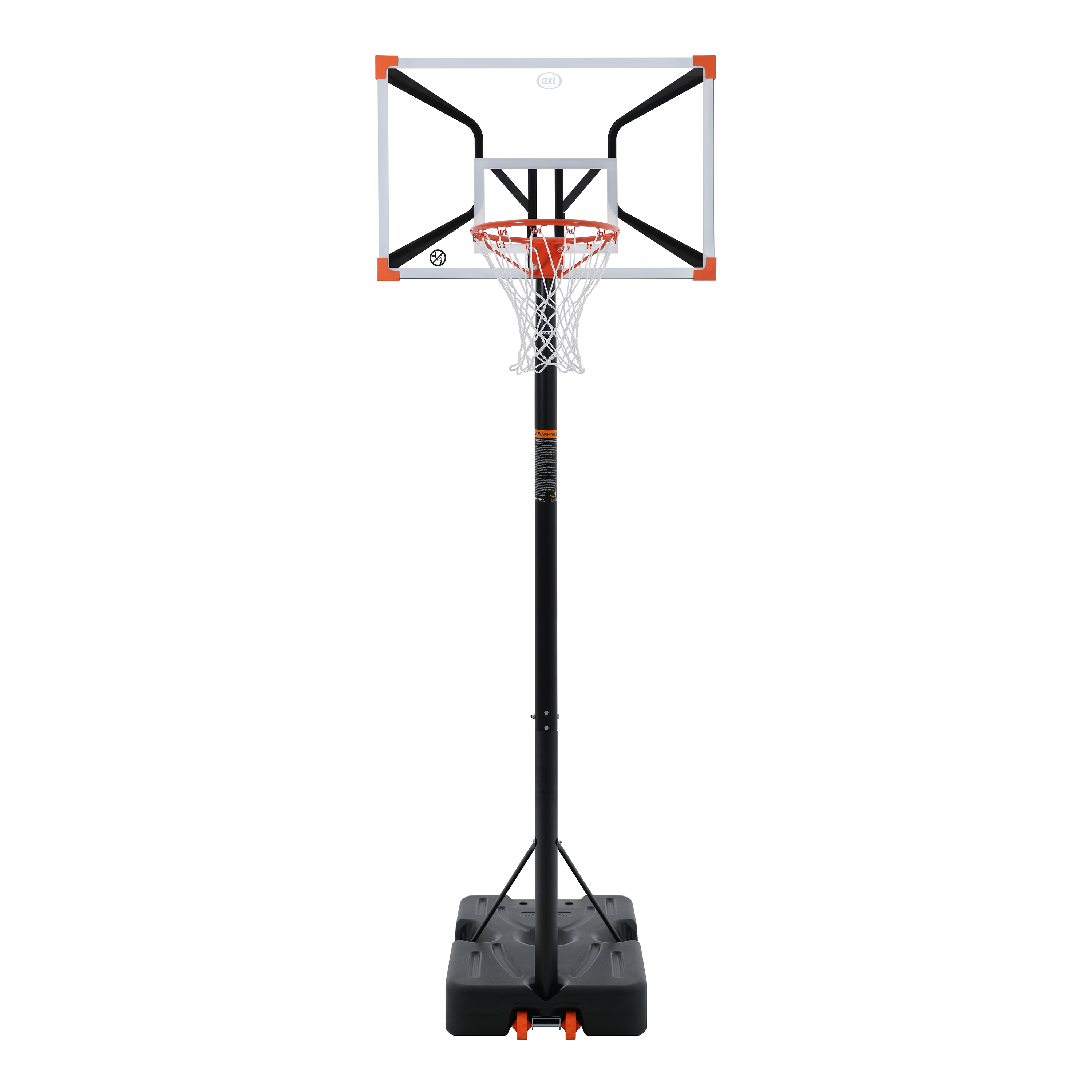 Ein Basketballkorb mit Netz und schwarzem Sockel. Das Backboard ist transparent, die Stange ist schwarz und orange.