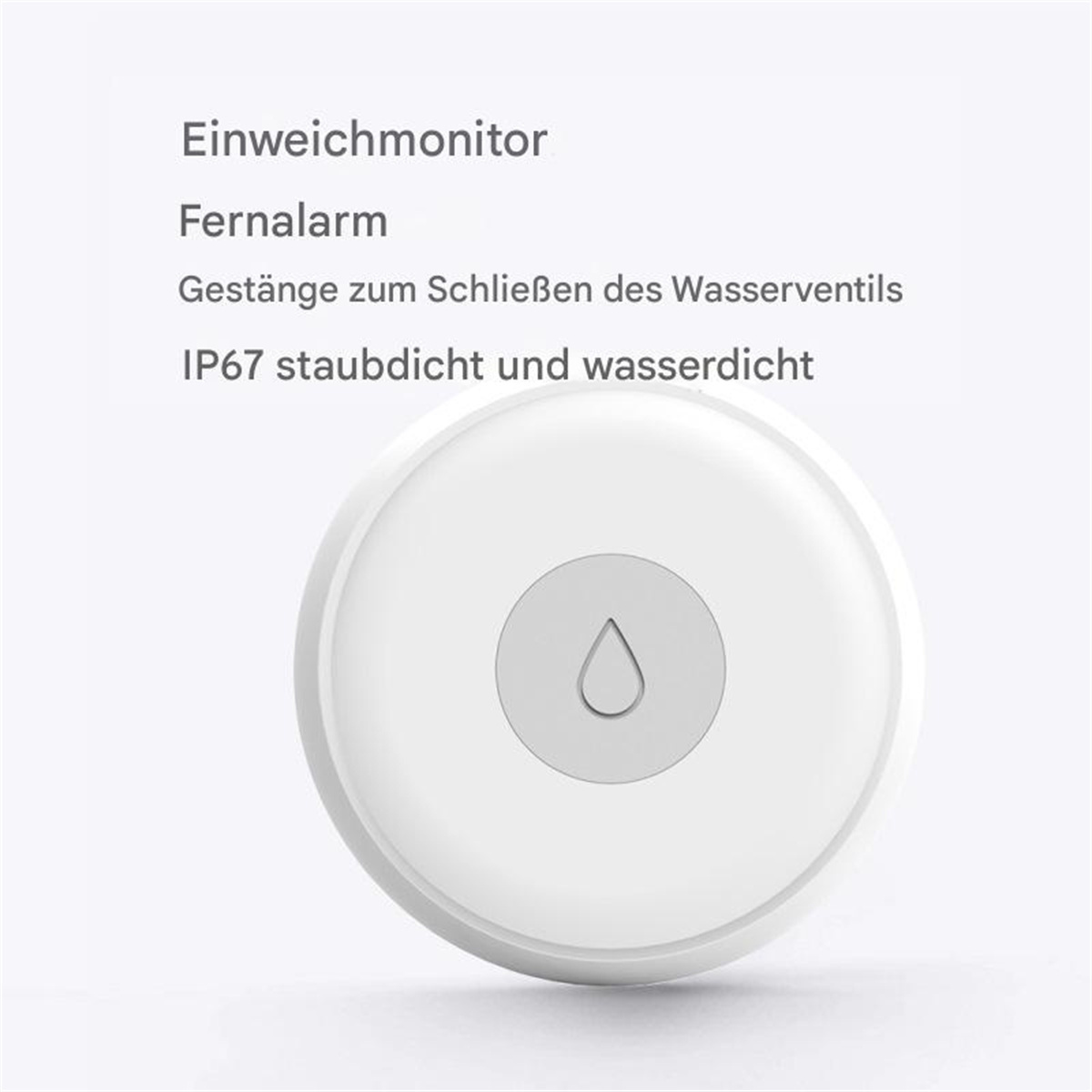Ein weißes, rundes Gerät mit einem kleinen Bildschirm, der Text anzeigt, und Text darüber und darunter.