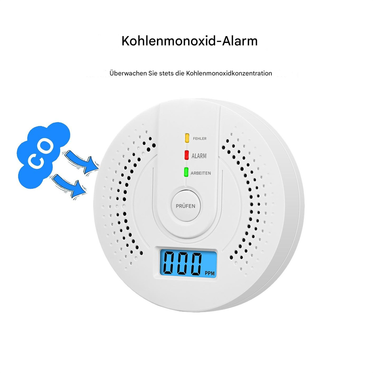 Ein weißer Kohlenmonoxid-Alarm. Er hat eine Digitalanzeige und emittiert eine blaue Wolke. Pfeile zeigen auf die Wolke.