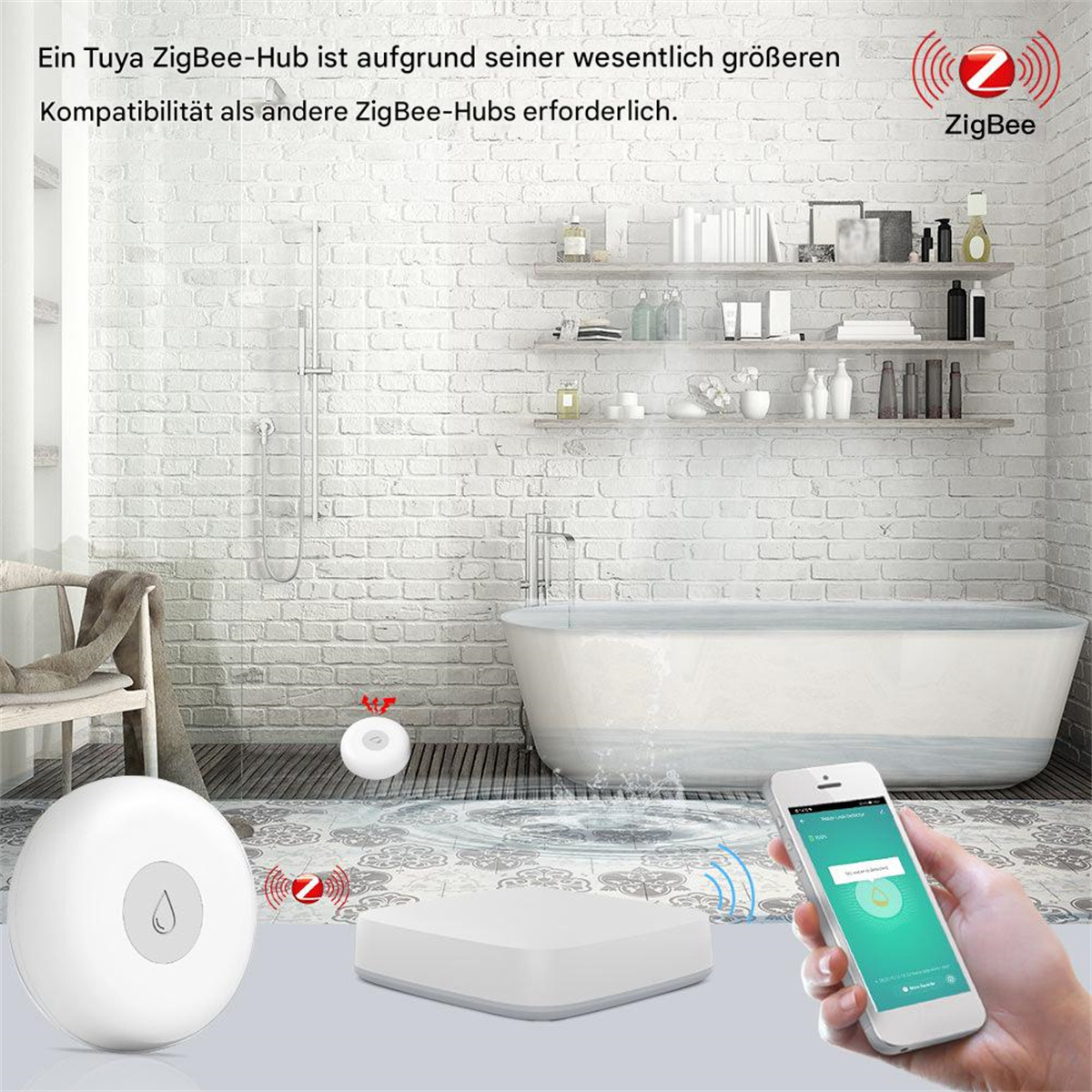 Ein Raum mit einer weißen Badewanne und einem Telefon in der Hand, und einige andere Geräte.