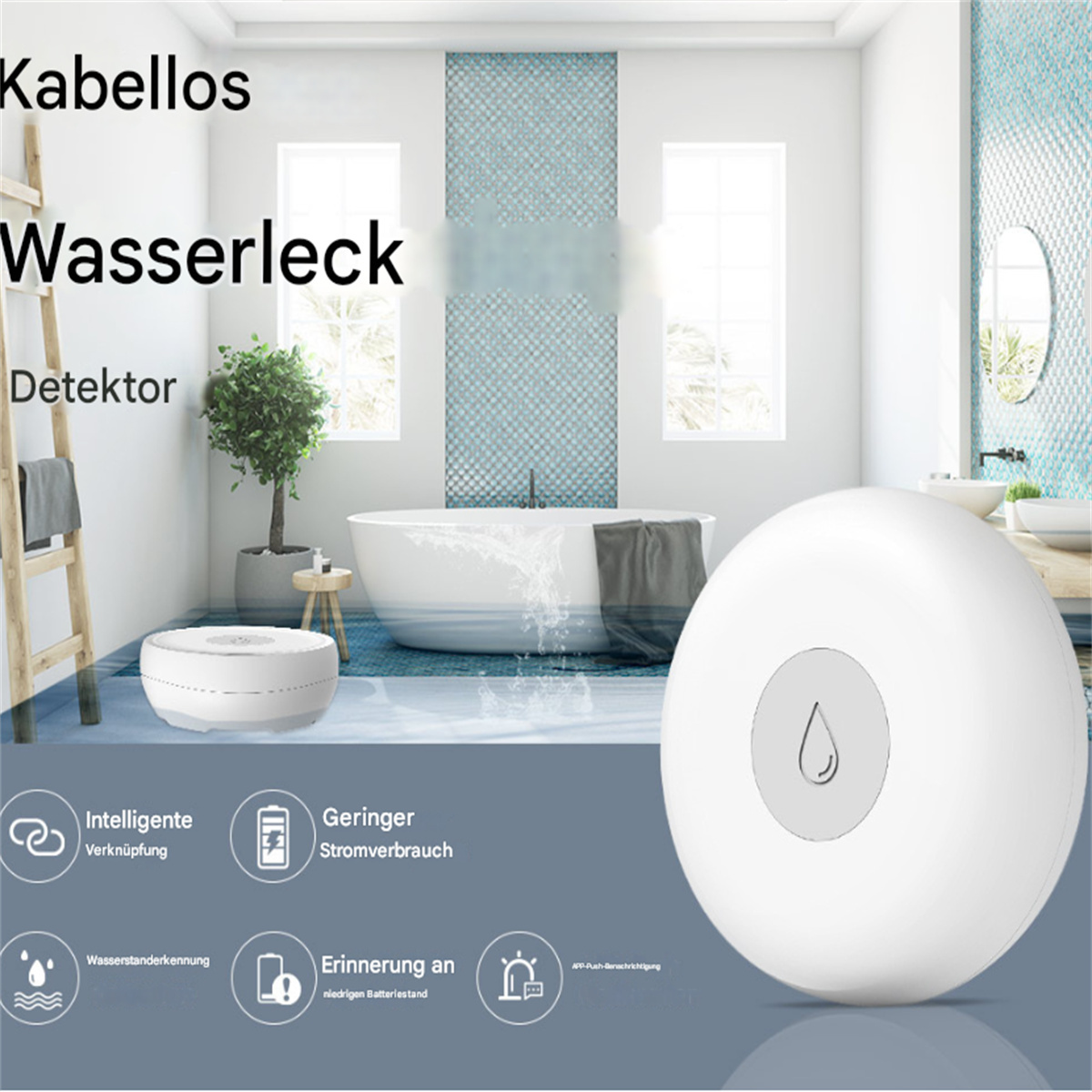 Ein weißer Smart-Home-Wasserleckdetektor. Er hat ein Tropfensymbol auf der Vorderseite.